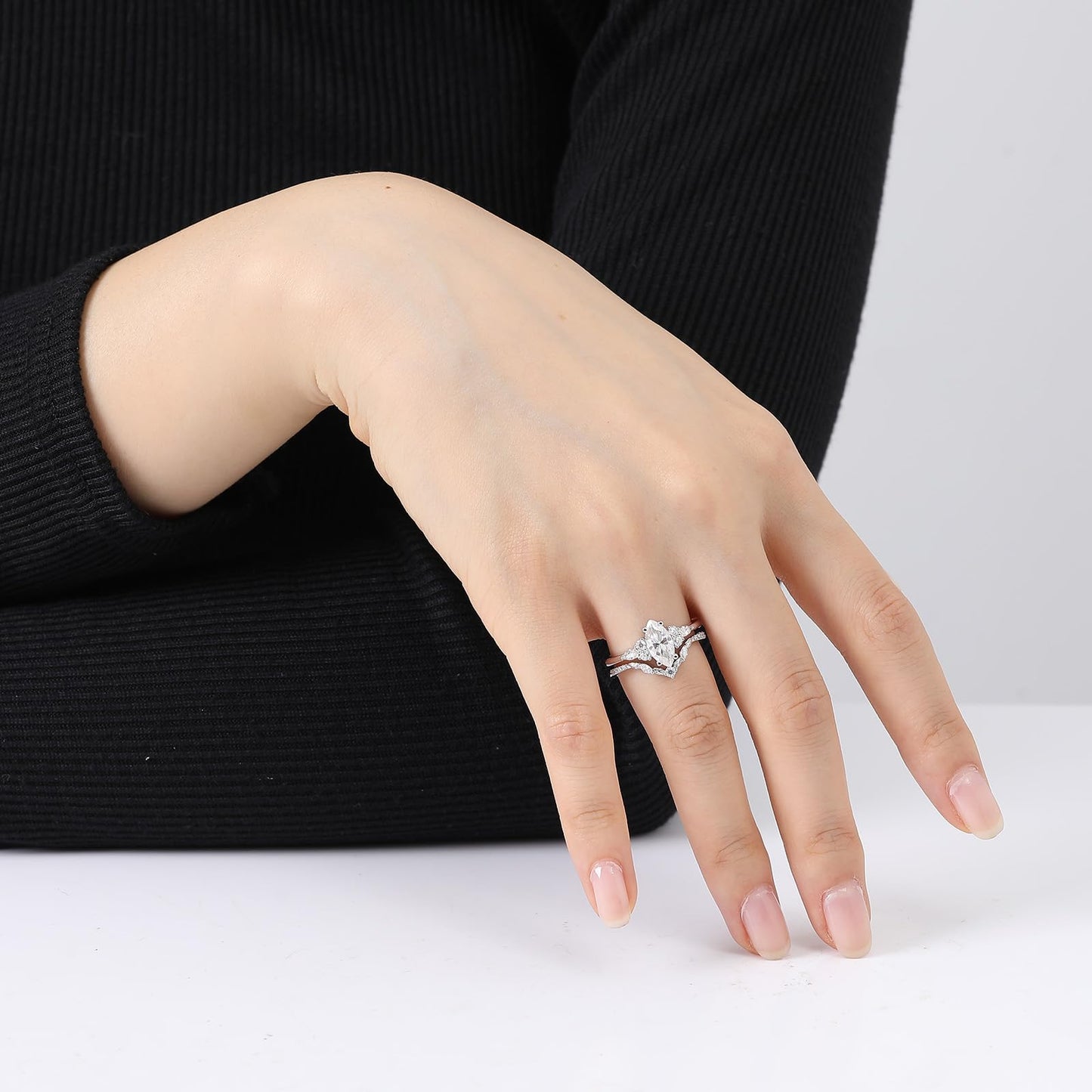 Jaransheti Marquise Cut Moissanite Engagement Ring Set For Women 18 K White Glod Plated S925 Sterling Silver Moissanite Wedding Band and Ring Set Vintage Ring Jewelry Gift(S9)