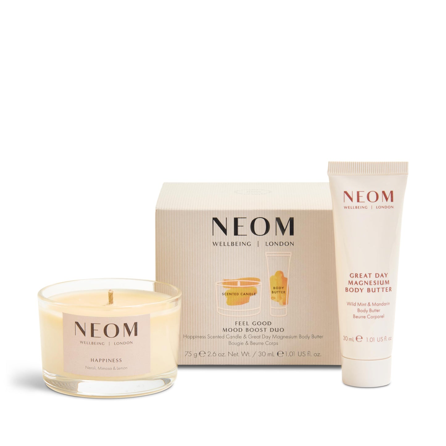 Neom Feel Good Mood Boost Duo Gift Set I Contains: Happiness Travel Candle 75g, Great Day Magnesium Body Butter 30ml I 100% Natural Scent I Sprinkle Happy Vibes