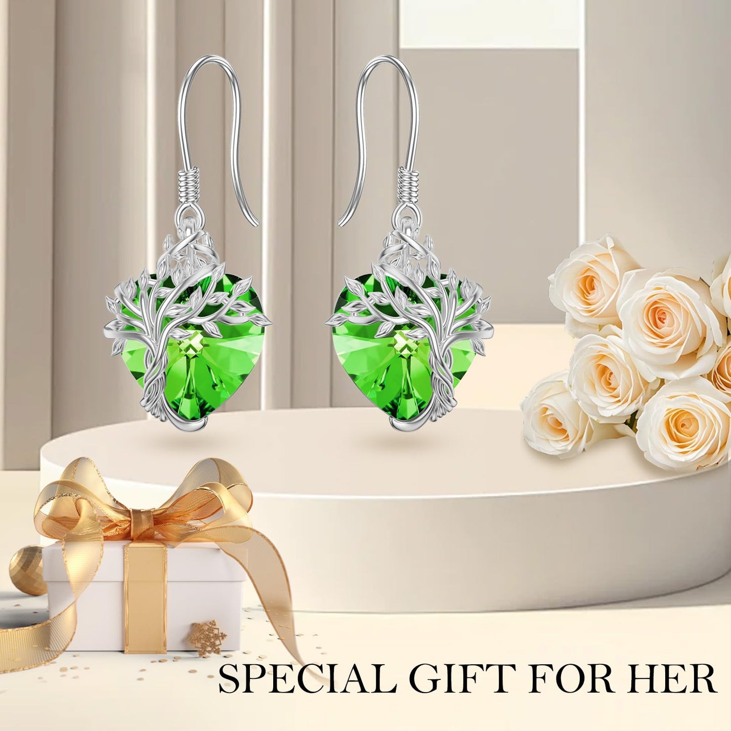 TOUPOP Heart Emerald Earrings Sterling Silver Tree of Life Earrings May Birthstone Jewelry Birthday Mothers Day Gifts for Women Mom Her