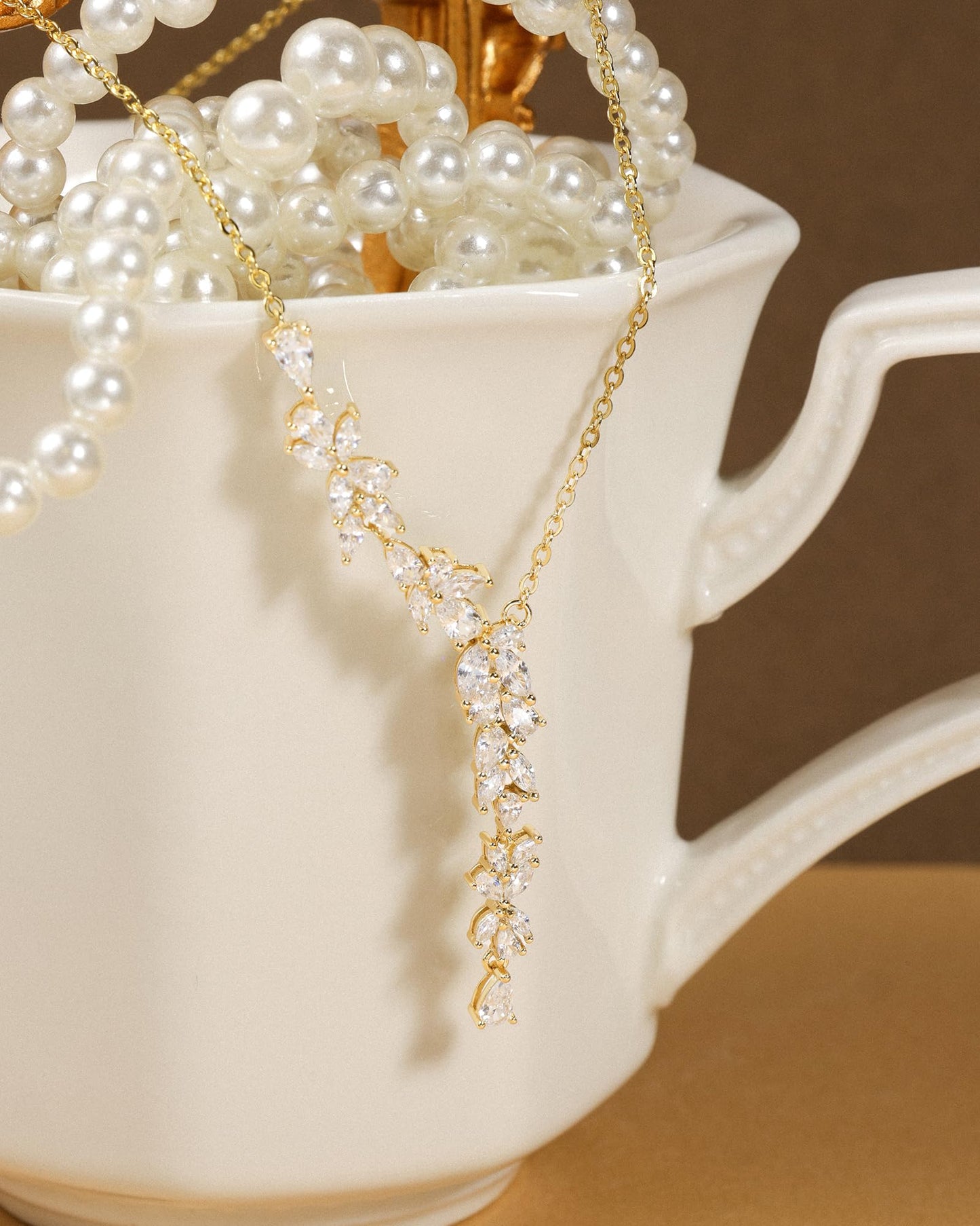 FANCIME Wisteria Reverie Necklace for Women Sterling Silver Yellow Gold Plated Simulated Diamond Flower Drop Y Necklace Fine Jewelry Wedding Birthday Anniversary Graduation Mothers Day Gifts for Wife Women Bride Her