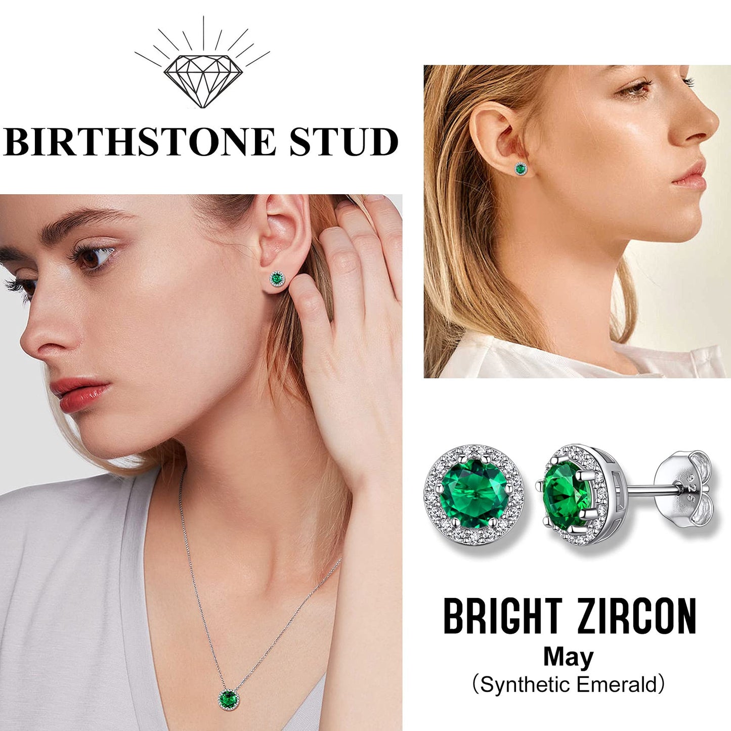 Bestyle May Green Emerald Earrings Silver Birthstone Earring for Women Green Stone Studs Jewelry for Birthday/Christmas/Party/Anniversary/Wedding