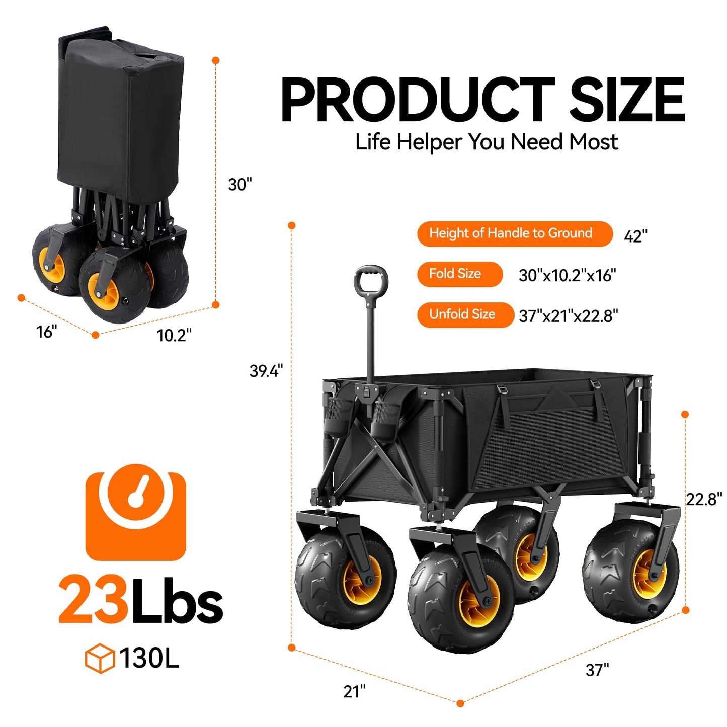 DXZ Beach Wagon Cart with Big Wheels for Sand – Folding Collapsible Wagon, Heavy Duty Wagons Carts Foldable for Beach, Camping, Outdoor Gear, Easy Setup Black Yellow