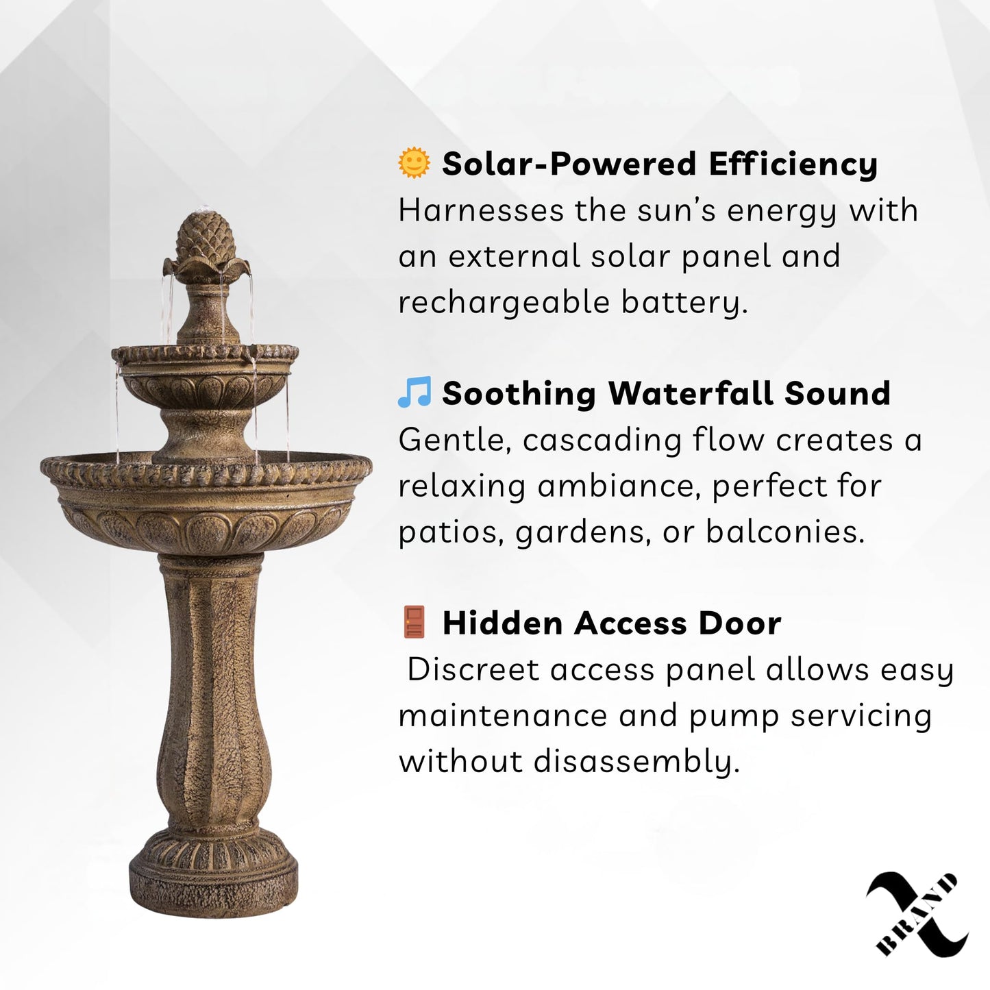 XBrand 39" 2-Tier Outdoor Freestanding Solar Water Fountain – Classic Sand Stone Resin Bird Bath with Pump – Solar Powered Garden Decor for Patio, Yard, Porch, and Lawn