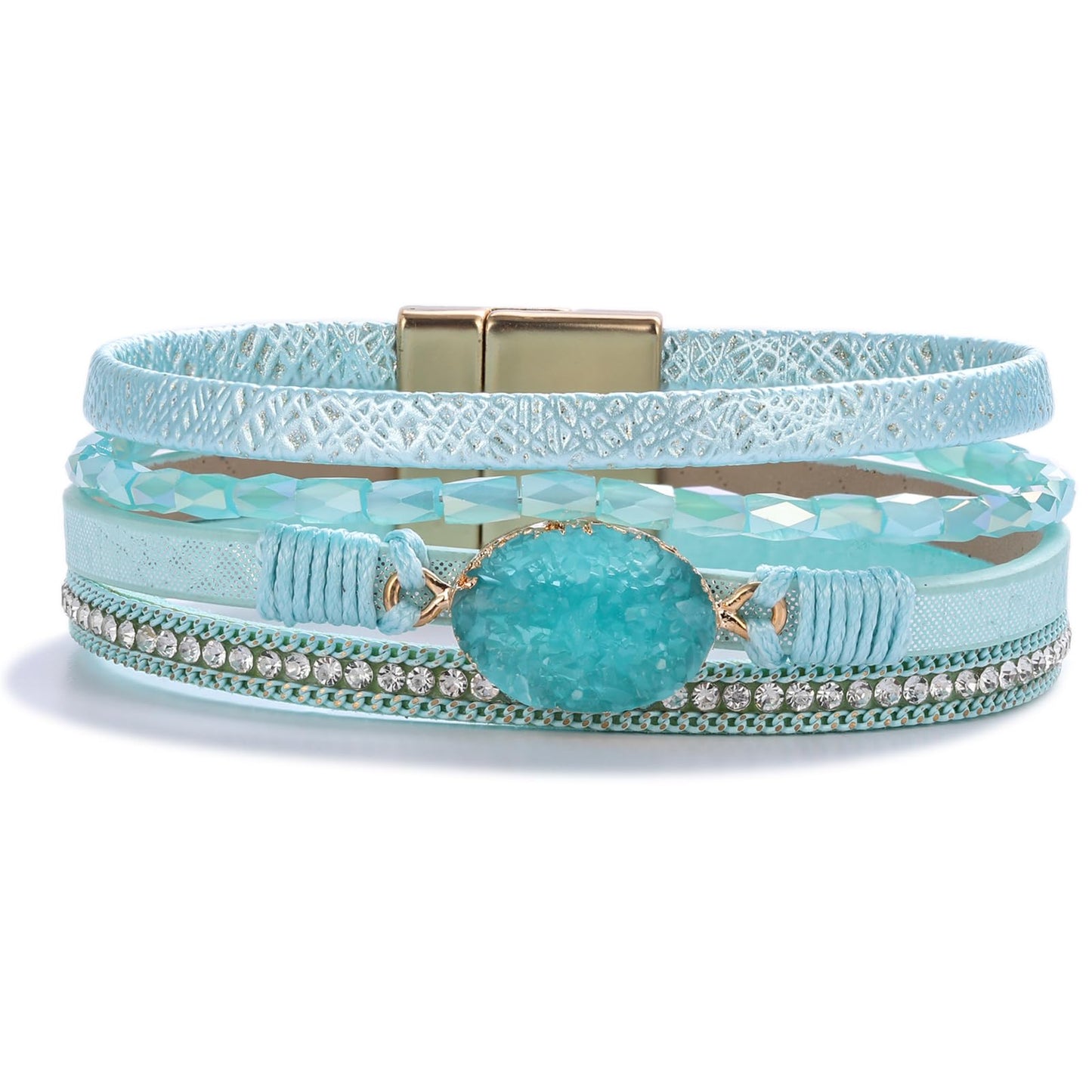 FANCY SHINY Boho Leather Wrap Bracelet Stackable Chunky Crystal Cuff Bracelets with Magnetic Clasp Cowboy Cowgirl Western Summer Beach Outfits Jewelry Gifts for Women (7.7", Teal)