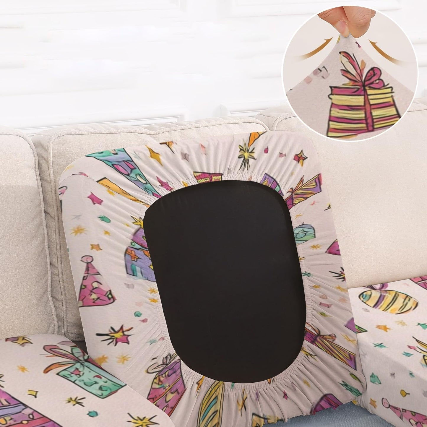 pnyoin Colorfule Gift Box Stretch Individual Seat Sofa Cushion Covers Elastic Couch Cushion Cover Slipcover Sets -2 Piece Sofa Cushion Covers