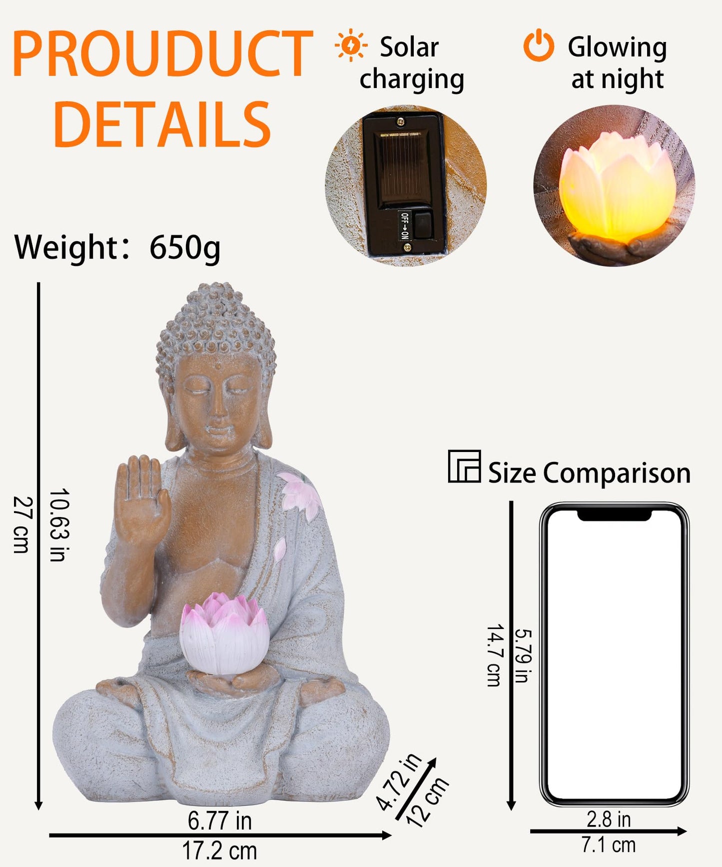 Nacome Solar Buddha Garden Statues with Lotus Flower: Resin Zen Decor Waterproof Sculpture Outdoor Light Design for Outside Patio Lawn Yard Balcony - 10.6 inches(White)