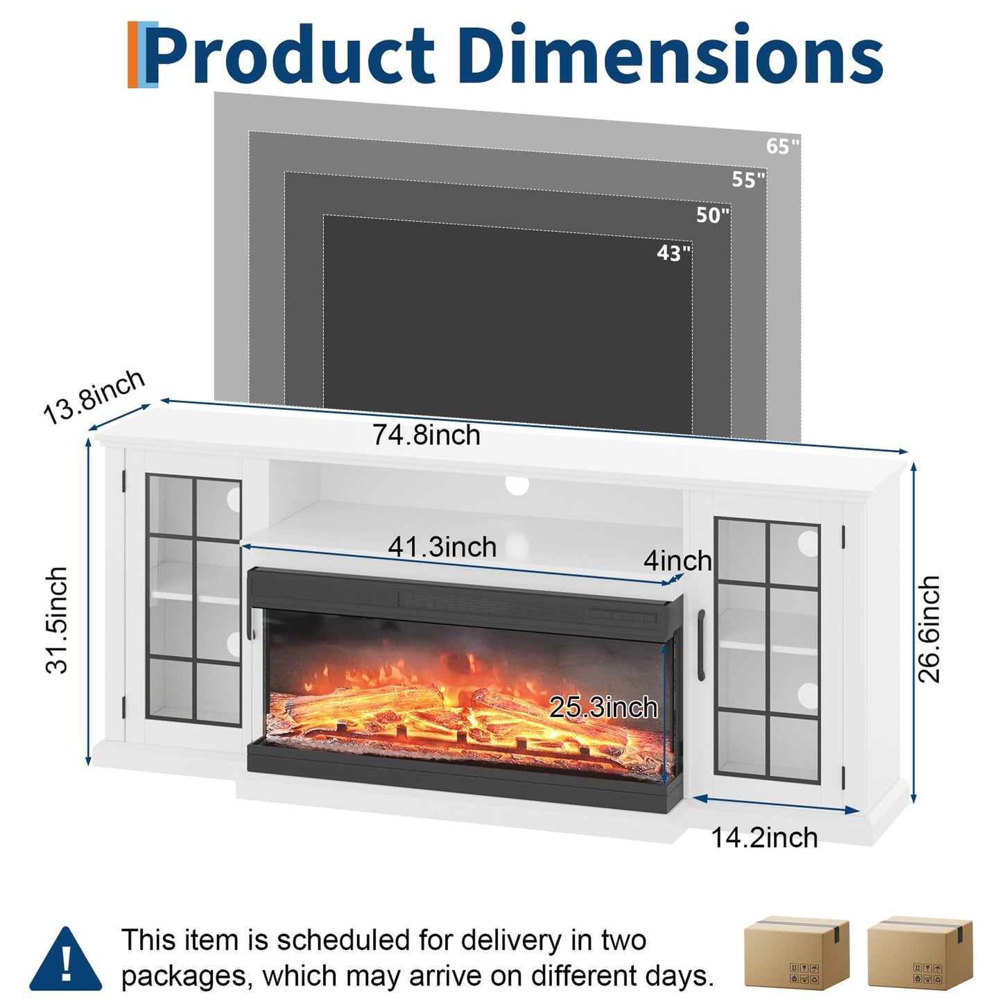 PeakPursuit Fireplace TV Stand, 75'' TV Stand with Fireplace, 40'' Electric Fireplace Insert with Realistic 3D Flame Effect and LED Lights, Entertainment Center with Fireplace, White