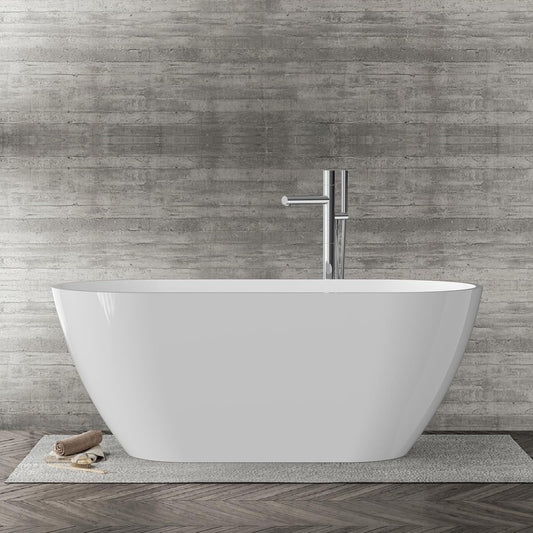 Freestanding Bathtub 59 Inch, Oval Acrylic Stand Alone Tub with Chrome Drain, Modern White Soaking Tub for Bathroom Renovation, Ergonomic Design for Family or Guest Bathroom