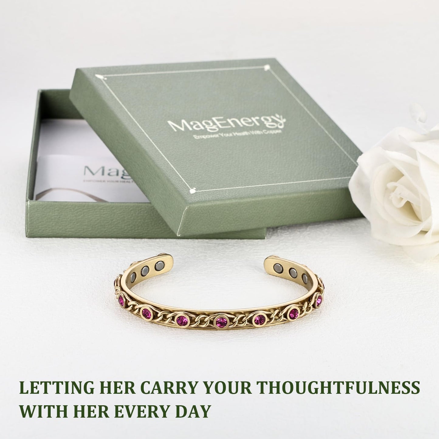 MagEnergy Handmade Copper Bracelet with Braided Twisted Wire & Emerald CZ Stones, Copper Magnetic Cuff for Women, Adjustable Bangle & Wellness Jewelry Gift（Gold&Rose Red）