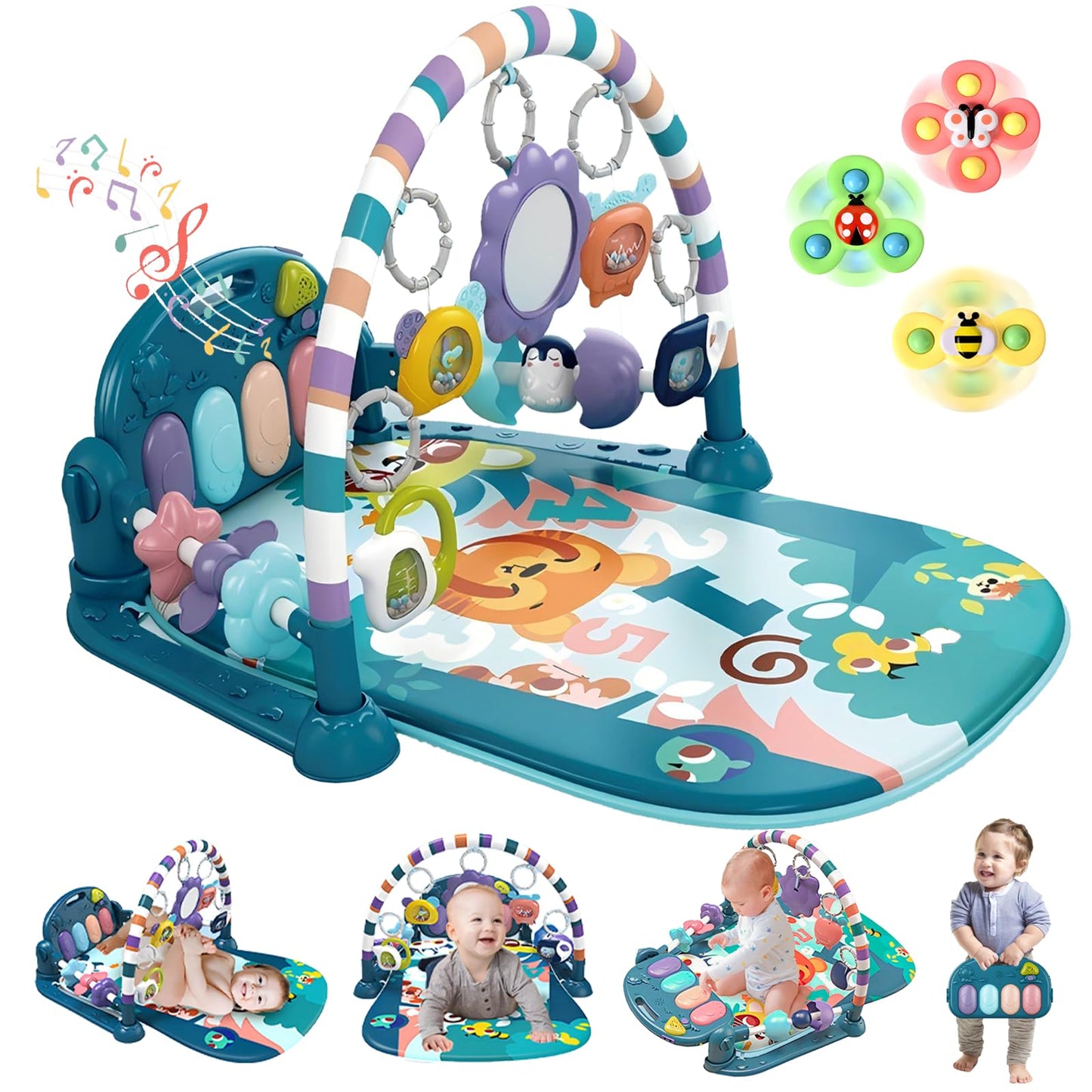 Baby Gym Play Mat, Piano Kick and Play Lights and Music Tummy Time Toys Infant Musical Activity Gym Mat for Visual, Hearing, Sensory, Gift Suitable for Newborns Aged 0 to 3 6 9 12 Months (Blue)