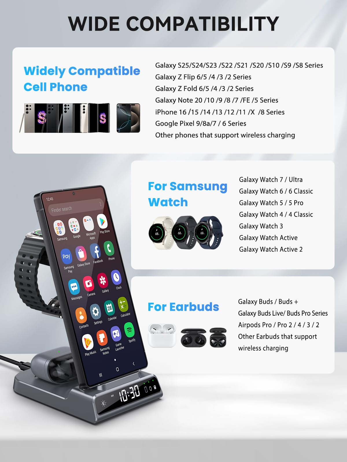 Wireless Charger for Samsung Charging Station with Clock for Samsung Galaxy S25 Ultra/S24/Z Flip 7/Z Fold 6/Bud, 3 in 1 Android Charging Station, Watch Charger for Samsung Galaxy Watch 8/7/6/5 (Grey)