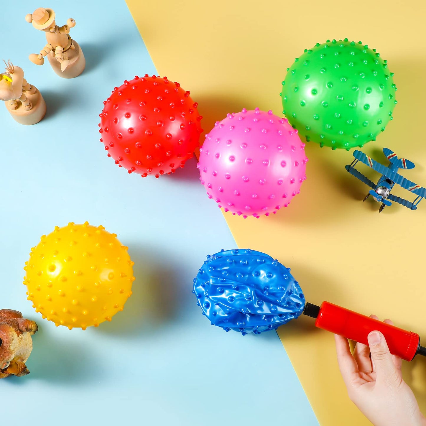 Jerify 64 Pieces 6.3 Inch Knobby Balls for Kids Sensory Balls with Air Pump Small Inflatable Bouncy Soft Spiky Toddler Bounce Party Favors Summer Beach Pool Baby Massage Stress Play Set, 5 Colors