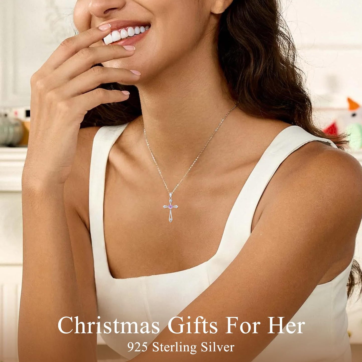 Cross Necklace for Women ,925 Sterling Silver Birthstone Necklace,Pink -October Birthstone Cross pendant jewelry,Faith Religious Fine Jewelry Valentines Day Gifts Birthday Holiday Gifts for Her