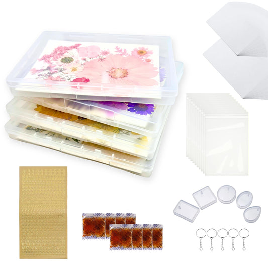 4PCS Dried Flower Storage Organizer Kit with DIY Keychain Resin Molds - Flower Preservation Kit with Blotting Paper, Ziplock Bag and Desiccant for Keep Seasonal Blooms & Wildflowers (6.1x4.4 inch)