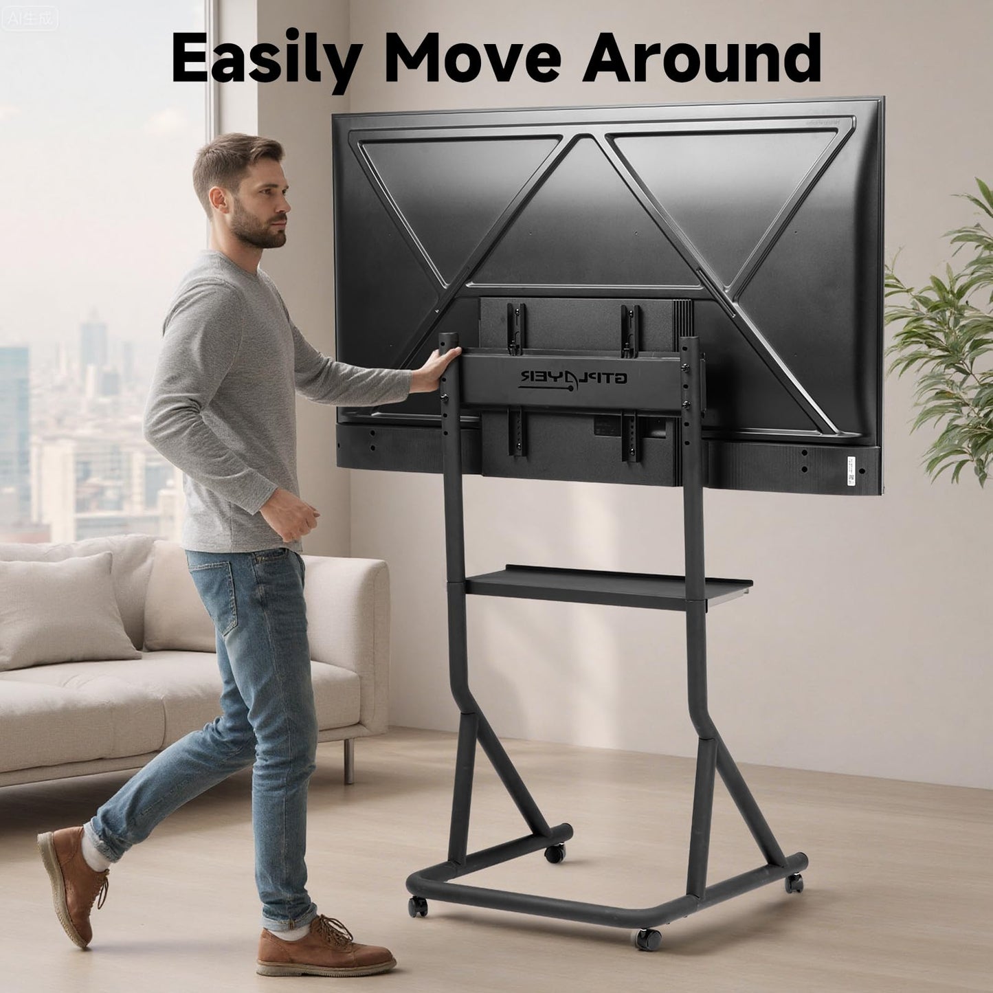GTPLAYER Monitor Stand Mobile TV Stand with Adjustable Height for 32-65 Inch Display TV Mount Fit for Racing Wheel Stand, Racing Simulator Cockpit, Only Monitor Stand, TV Not Included, Black