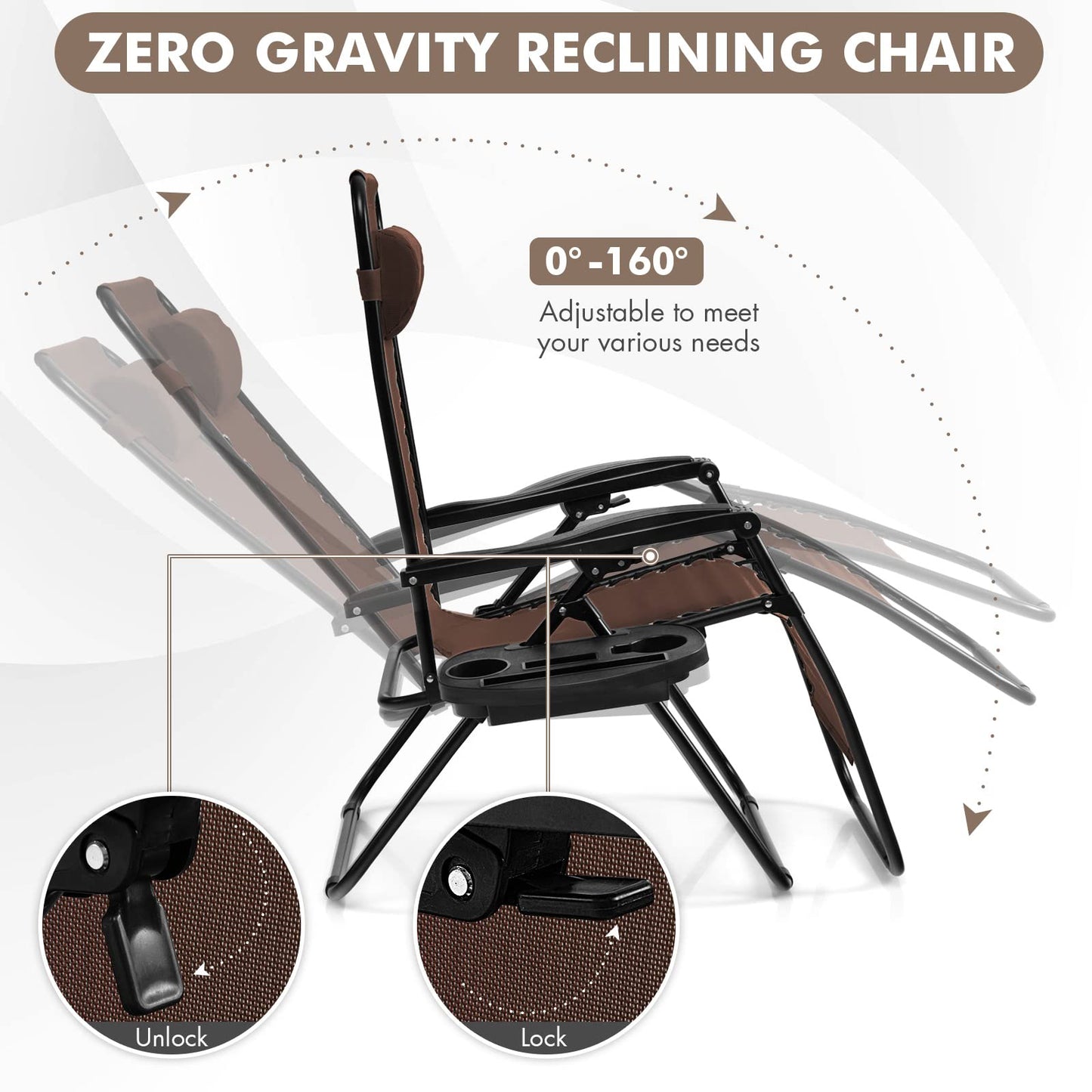 Giantex Zero Gravity Reclining Chair, Outdoor Patio Recliner with Cup Holder & Removable Pillow, Adjustable Backrest, Indoor Lounge Chair for Backyard, Garden, Poolside (Brown)
