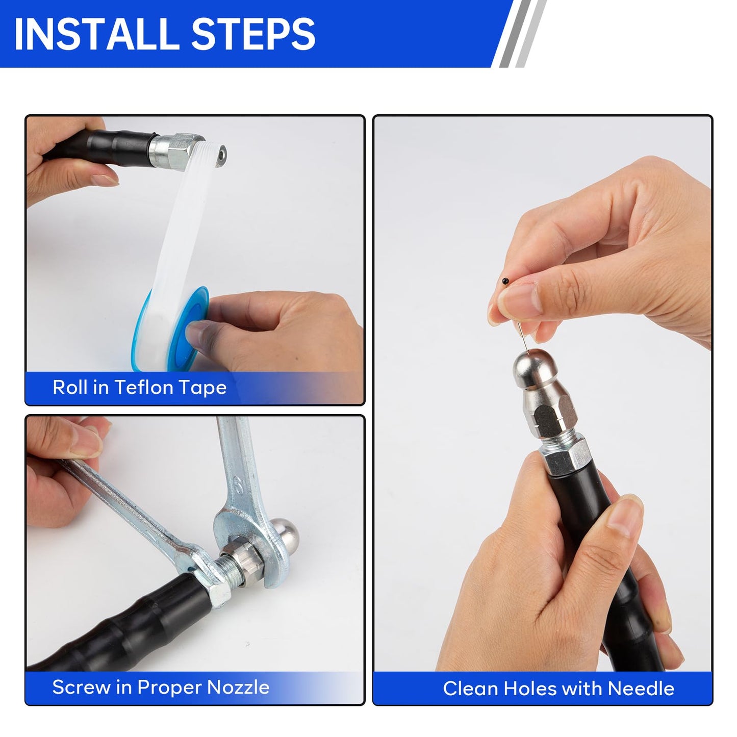 Sewer Jetter Kit 50FT for Pressure Washer, Pressure Washer Drain Jetter with 5800PSI Cleaner Hose 1/4 Inch NPT, Corner, Rotating & Button Nose Sewer Jetting Nozzle Spanner Waterproof Tape Pearl Pin