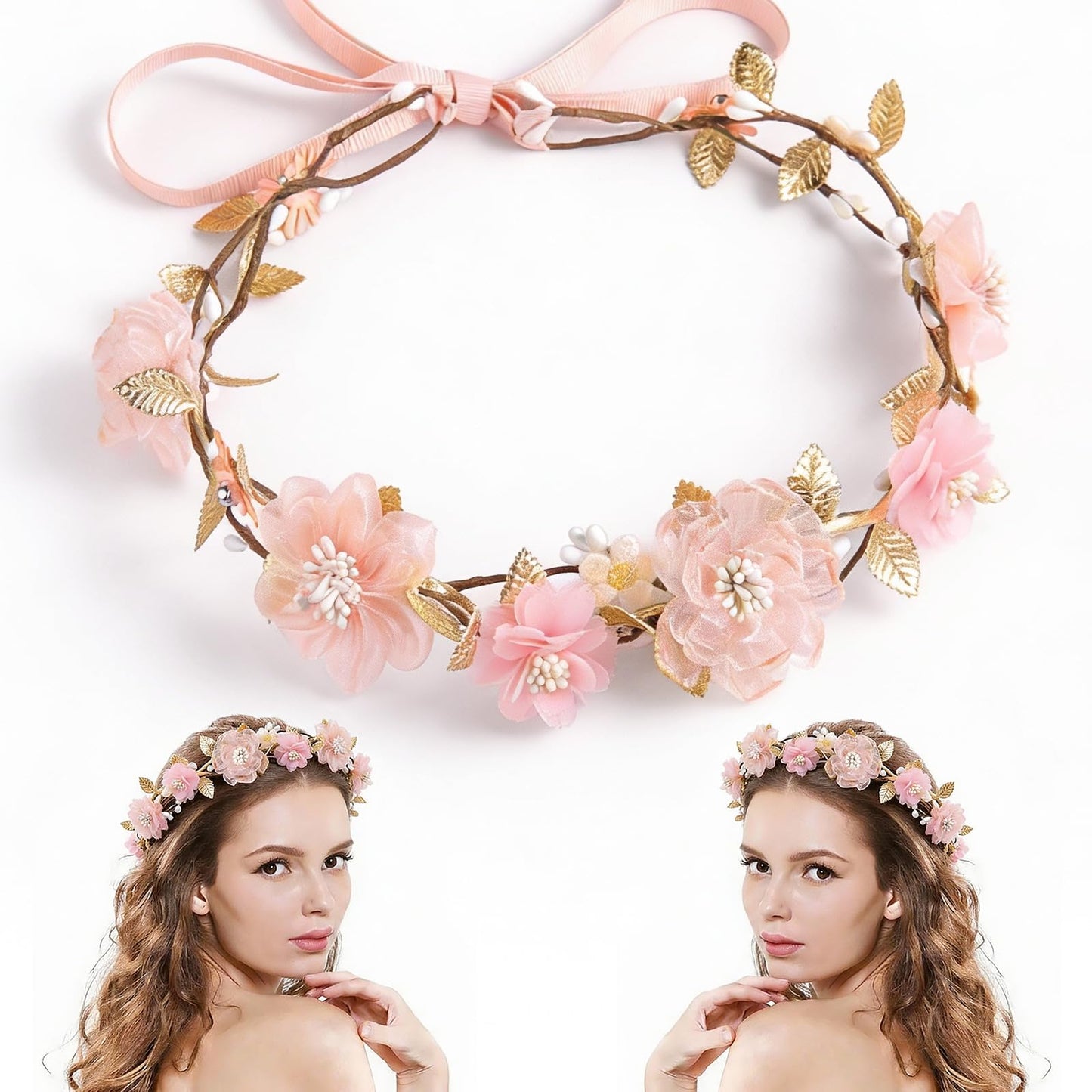 MEMOVAN Pink Flower Crown Headband Rose Floral Headpiece Adjustable with Gold Leaf Bohemian Fairy Flower Renaissance Hair Wreath Accessory for Girls Women Birthday Wedding Party Photo Props