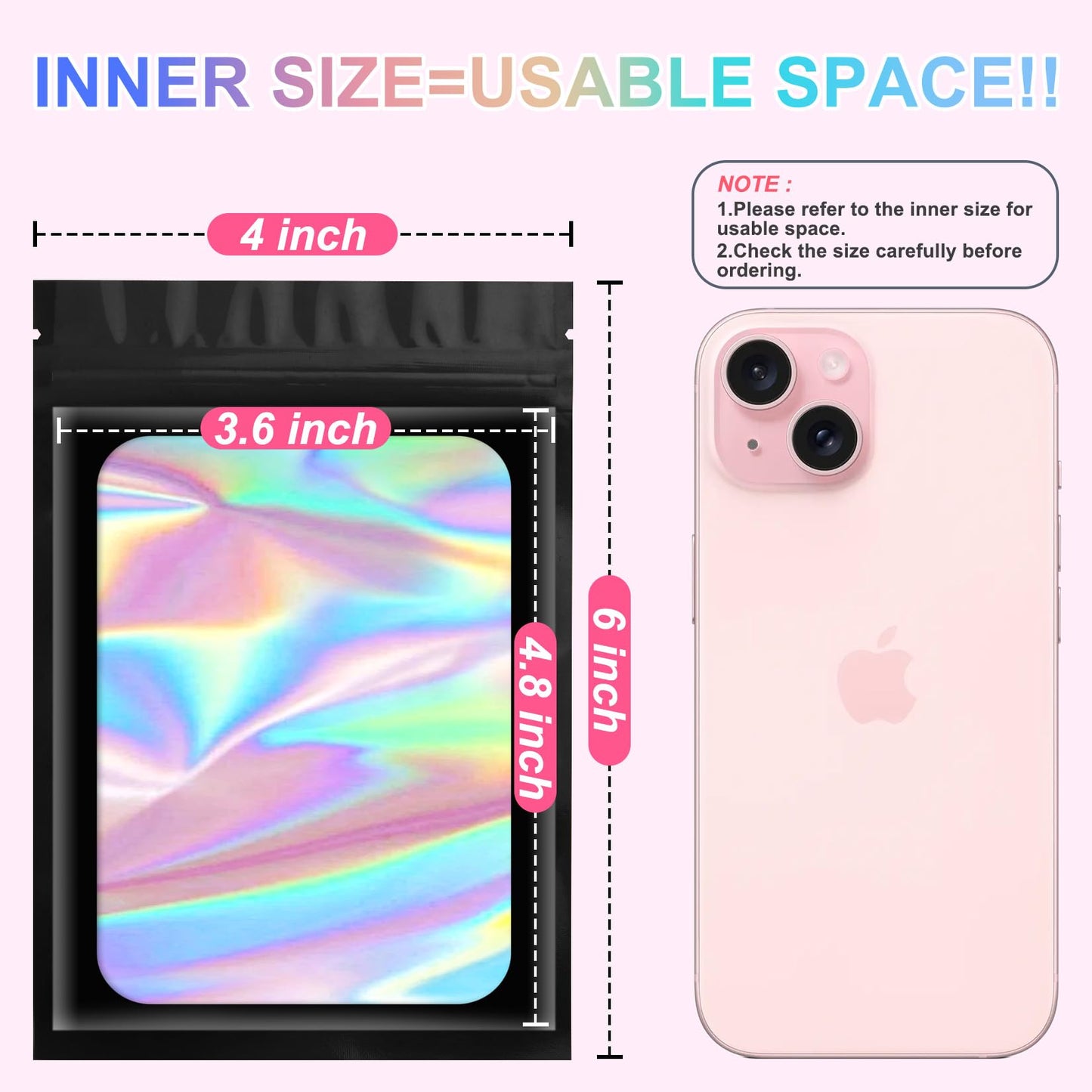 ANZNKU 100 Pack Holographic Mylar Bags, Smell Proof Sealable Packaging Bags with Clear Window for Small Business, Resealable Zip Bag for Candy Treat Jewelry Goodie Sample & Gifts (Black, 2.4 x 3.9 in)