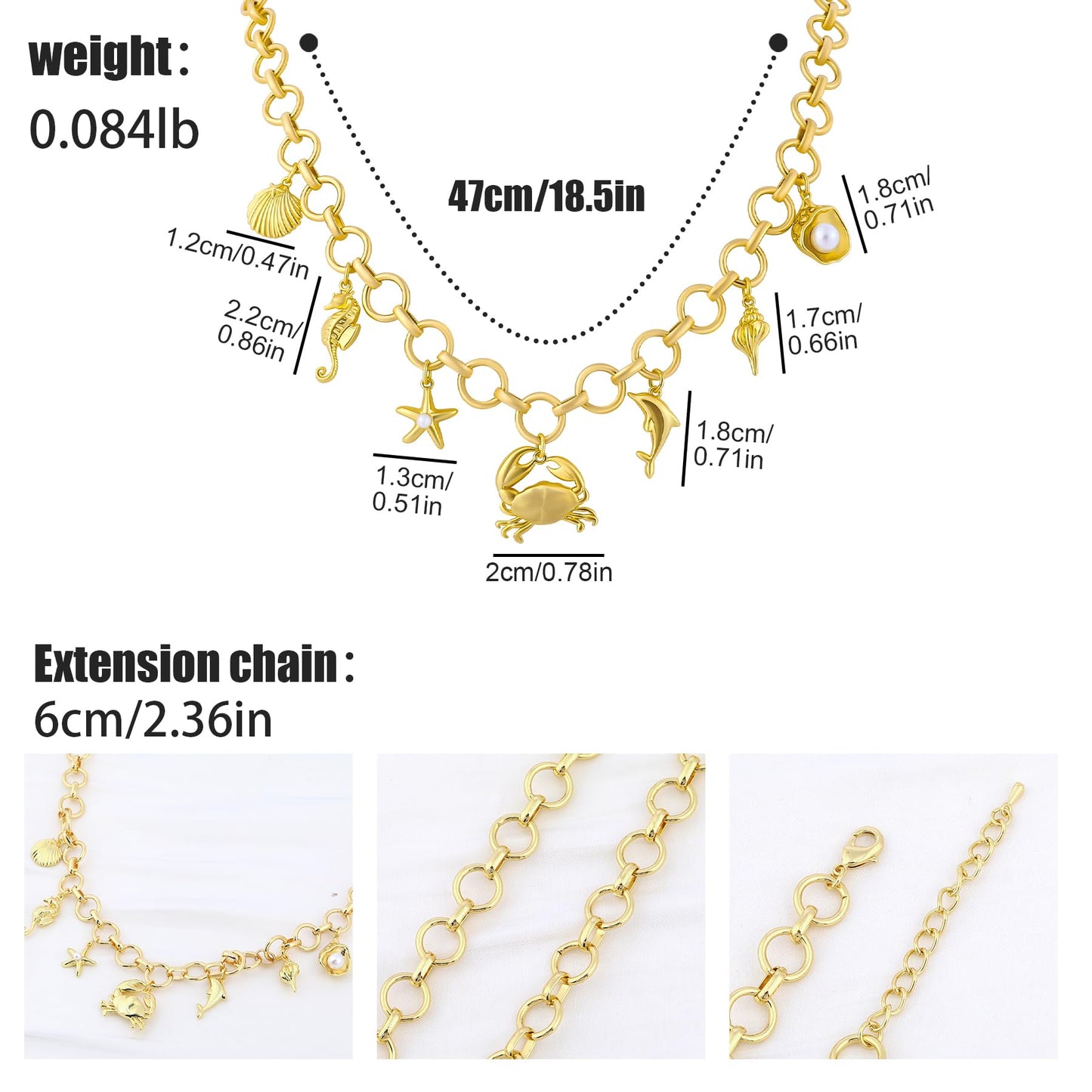 Gold Marine Charm Necklace for Women, Shells Seahorses Starfish Crabs Dolphins Conches Glass Pearl Charm Necklace Elegant Ocean Themed Jewelry Ideal for Casual and Summer Style
