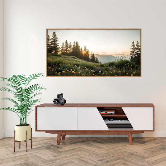 FWIEXA Green Forest Mountain Framed Canvas Wall Art Set, Wildflower Meadow Wall Decor, Floral Pictures Artwork, Nature Sunset Landscape Art Prints for Living Room, Bedroom, Office - Size 20"x40"