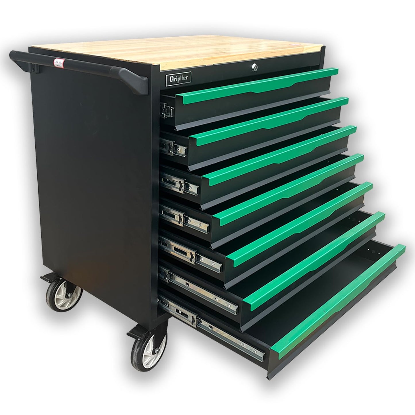 Griplier 7-Drawer Tool Chest with Wood Top, 31.3W x 18.9D x 32.3H inches, Black and Green，Locking Rolling Tool Box with Wheels,Mechanic Tool Cabinets for Garage, Warehouse,Repair Shop,Workshop