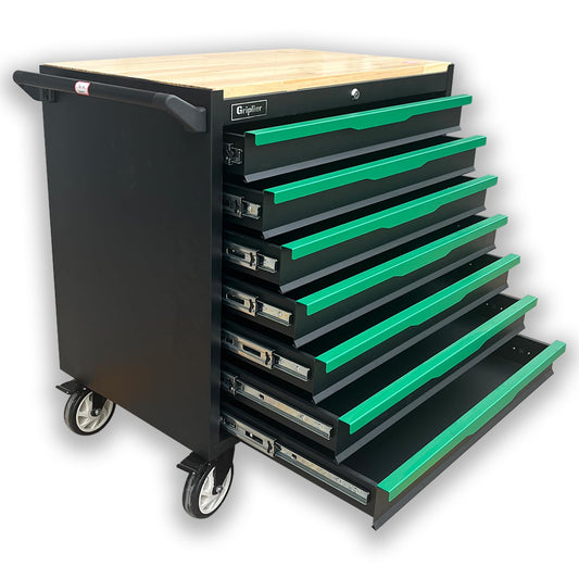 Griplier 7-Drawer Tool Chest with Wood Top, 31.3W x 18.9D x 32.3H inches, Black and Green，Locking Rolling Tool Box with Wheels,Mechanic Tool Cabinets for Garage, Warehouse,Repair Shop,Workshop