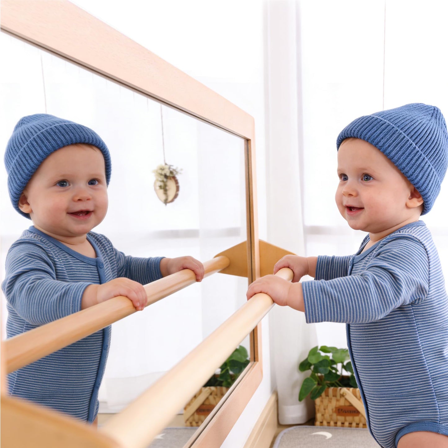 KRAND 3-Position Montessori Wood Frame Non-Shatter Safety Pull Up Bar Baby Big Mirror Set, Infant Coordination Mirror, Kids Classroom Furniture for Daycare, Homeschool or Preschool