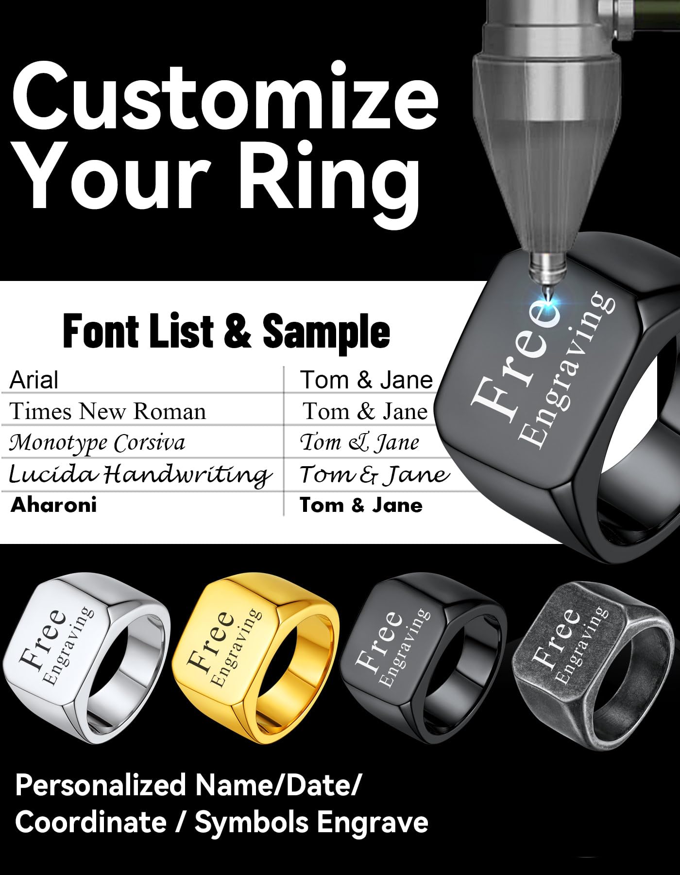 ChainsHouse Black Personalized Signet Rings for Men Women Solid Polished Stainless Steel Biker Ring Size 12