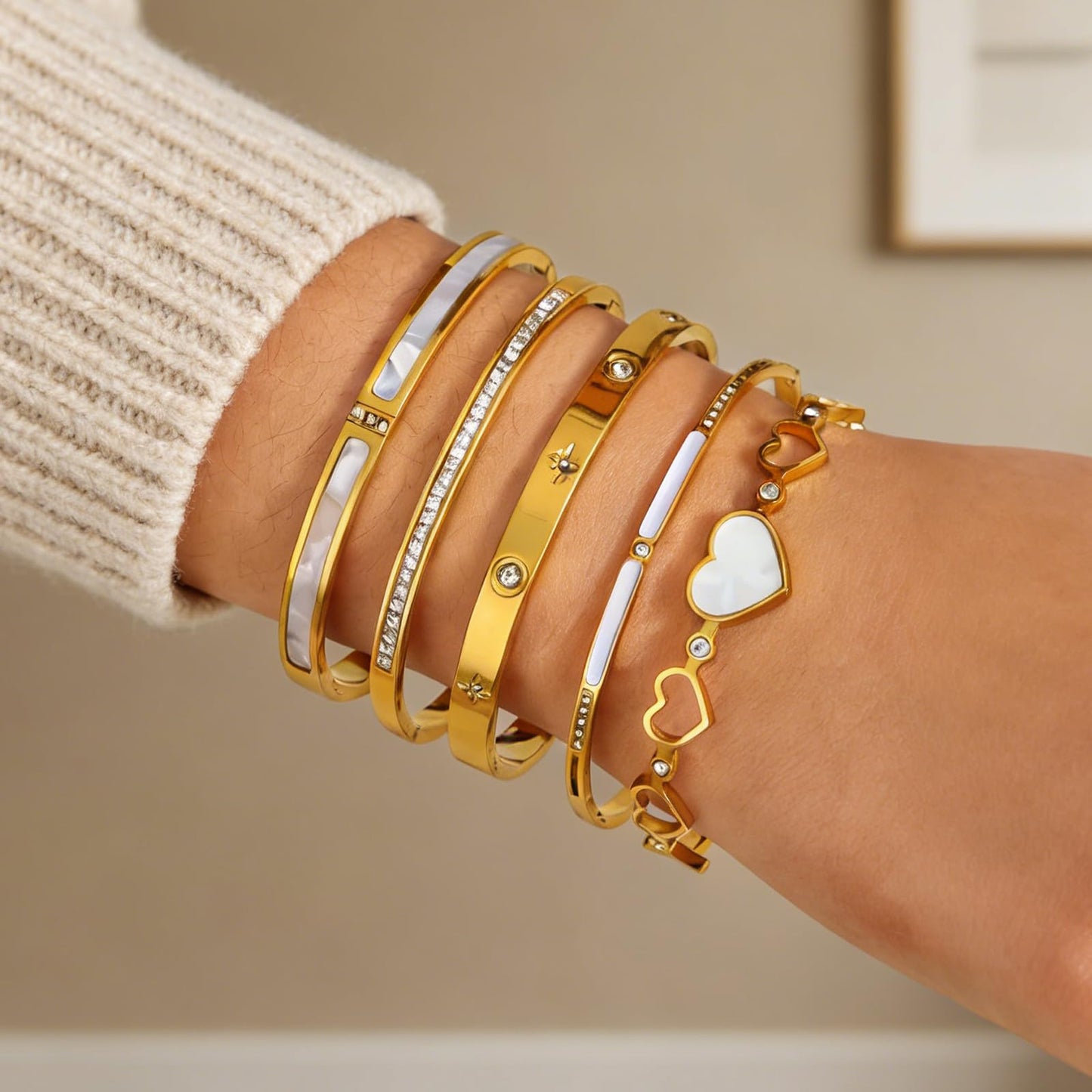 ZhiRui Women's 18K Gold Plated Stackable Bangle Bracelet Set - Waterproof Mother of Pearl Heart Cubic Zirconia Jewelry - Perfect for Valentine's Day & Thoughtful Gifts for Women