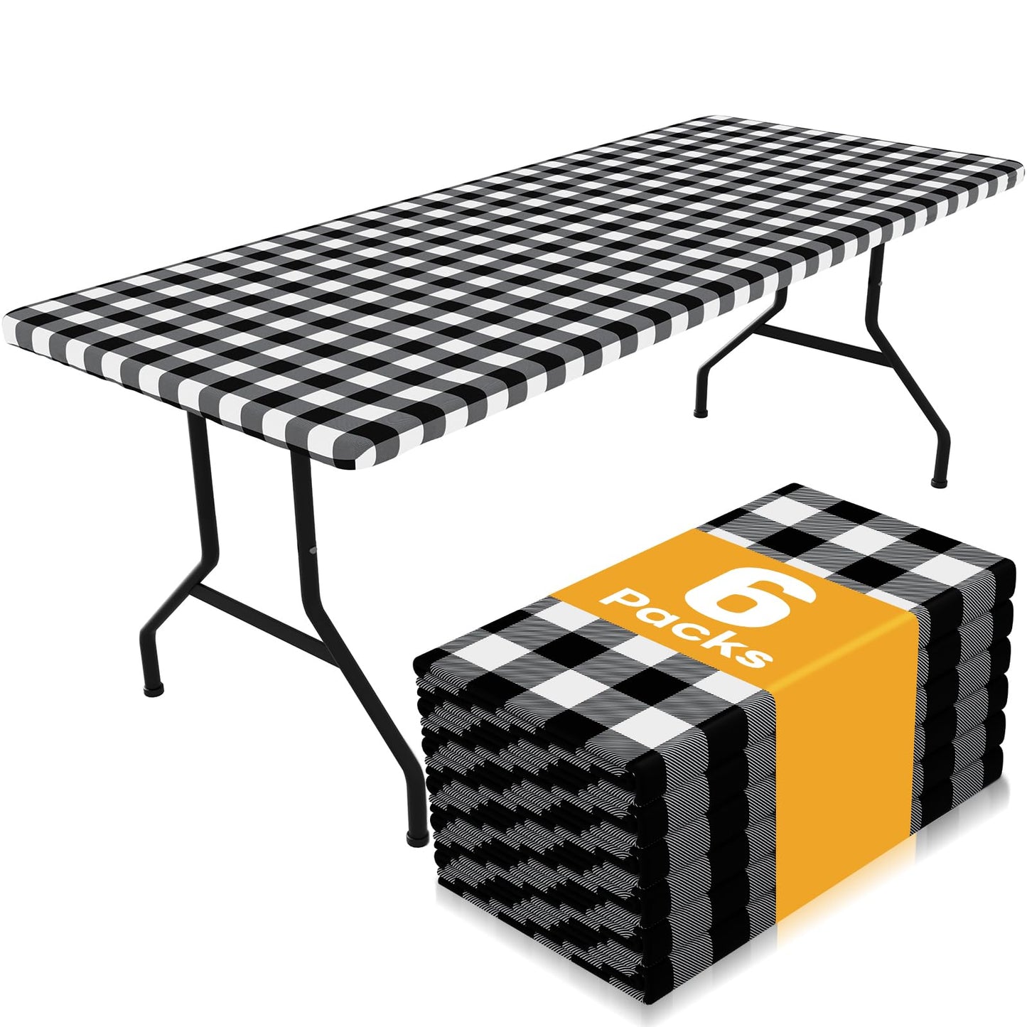 Smiry Picnic Table Cloth 6 Pack, Waterproof Elastic Fitted Tablecloths for 24x48 Rectangle Tables, Washable Polyester Buffalo Plaid Tablecloth for Camping, Dining & Outdoor (Black & White, 24" x 48")