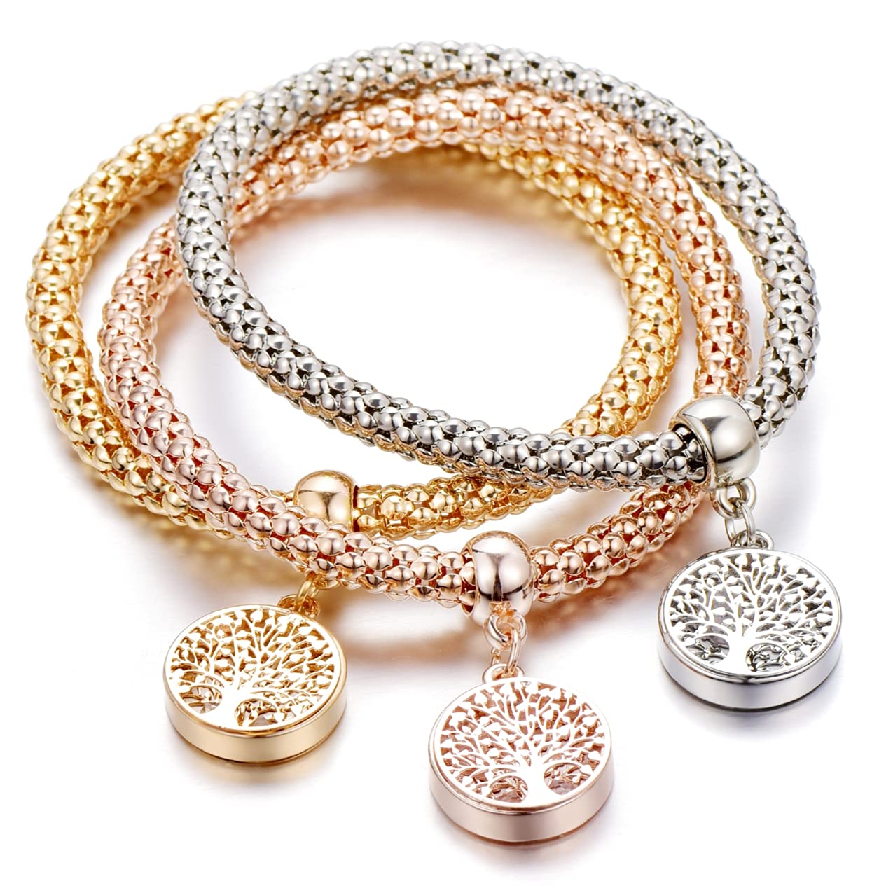 SILANER Crystal Charms Multilayer Bracelets - 3PCS Gold/Silver/Rose Gold Corn Chain Bracelet for Women, Tree of Life Heart Shaped Stretch Bracelet(Tree of Life Round Charm)