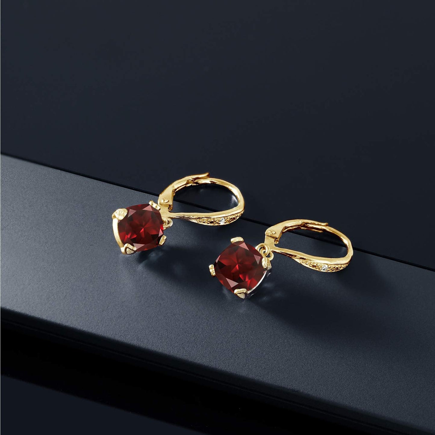 Gem Stone King Drop Dangle Earrings For Women | 7MM Cushion Cut Gemstone Birthstone and Diamond | 925 Sterling Silver | Jewelry Gift for Mom Wife Her | Garnet-January | Yellow Gold