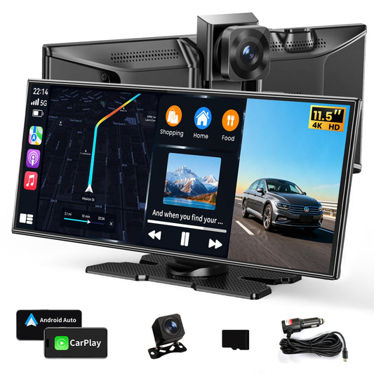 Largest 11.5"Wireless Apple CarPlay Screen for Car–Portable Carplay & Android Auto Touchscreen Car Stereo with App Control, 4K Dash Cam, Backup Camera, GPS, Mirror Link, Voice Control,for All Vehicles