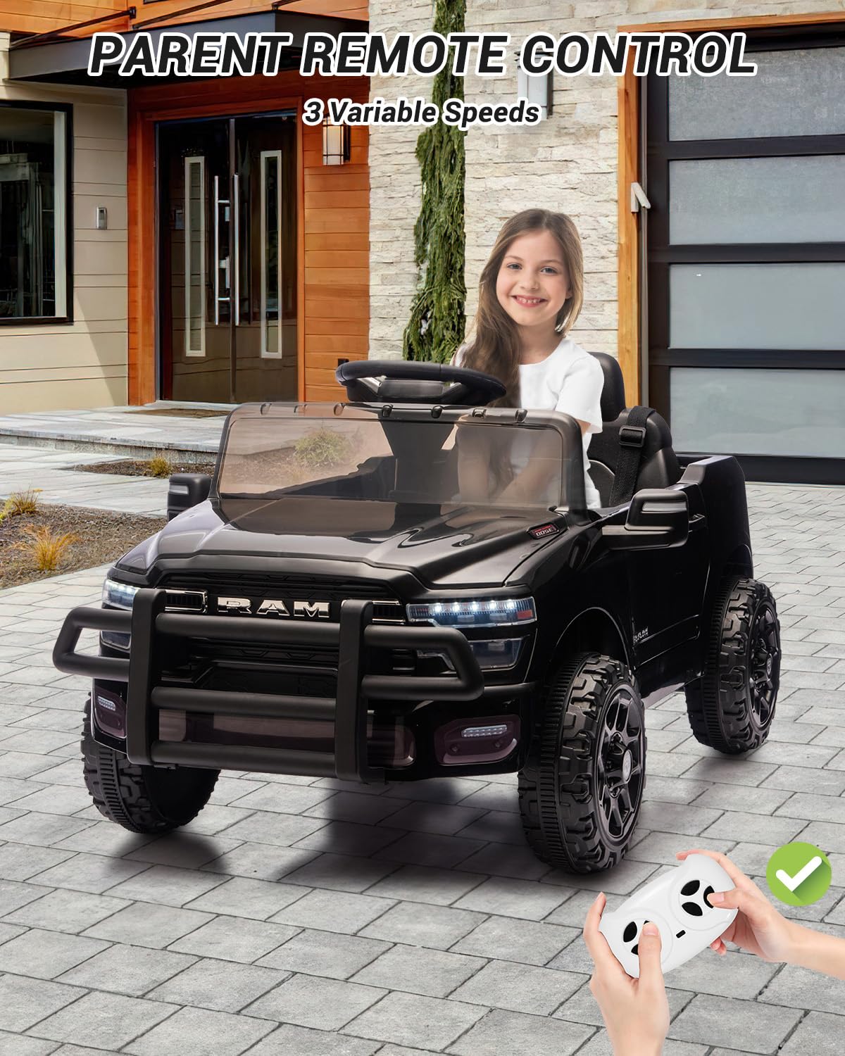 Electric Car for Kids, Licensed RAM 12V Ride on Truck w/Remote Control, Toddler Ride on Toys with Music, 3 Speeds, LED Lights, Suspension, Gift for Boys Girls