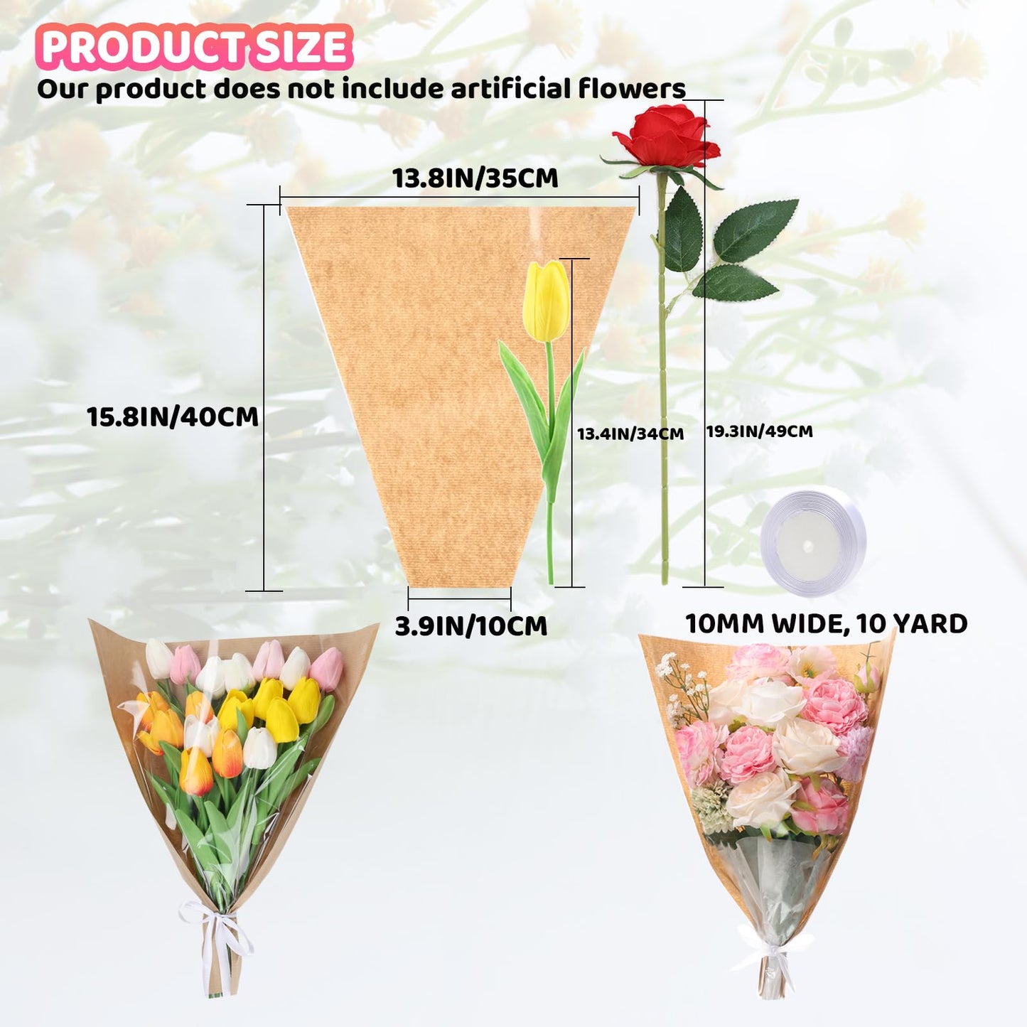 HSONAIGEE 50 Pieces Flower Bouquet Wrapping Paper, 15.8 x 13.8 x 3.9 Inch Flower Bags for Bouquets Kraft Floral Wrap Sleeves with Ribbons for Home Mother’s Day Wedding Flower Bar Supplies