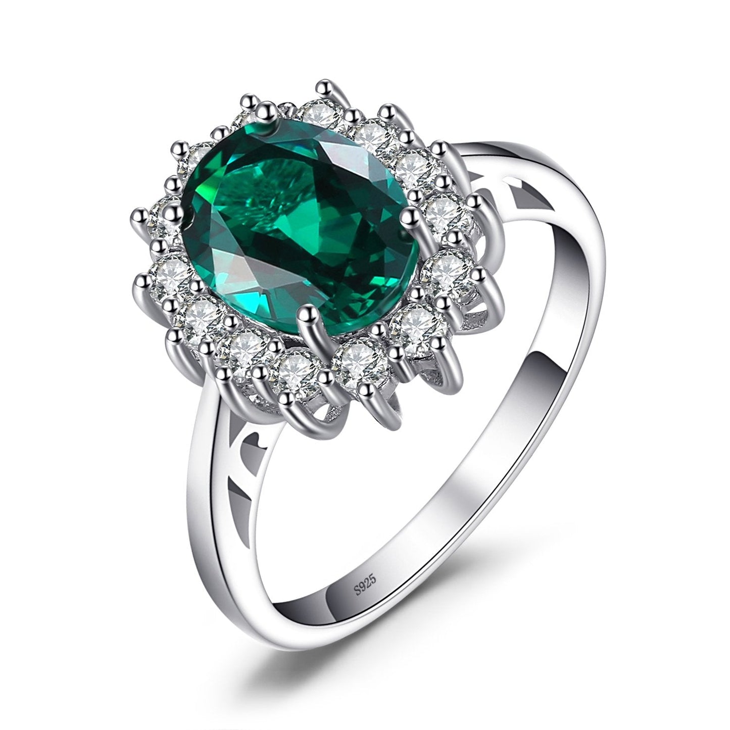 JewelryPalace Princess Diana Kate Middleton Gemstone Birthstone Green Emerald Halo Engagement Rings for Women, Anniversary 14K White Gold Plated 925 Sterling Silver Promise Rings for Her Size 10.5