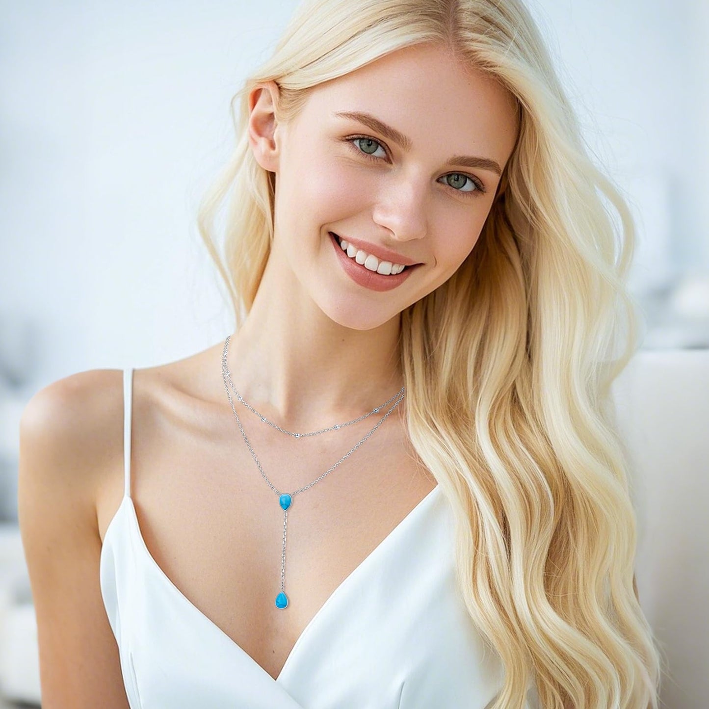 FLYOW S925 Sterling Silver Double Layered Necklace Teardrop Created Turquoise Choker Y Lariat Necklace Mothers Day Birthday Gifts for Women Wife Fiancée