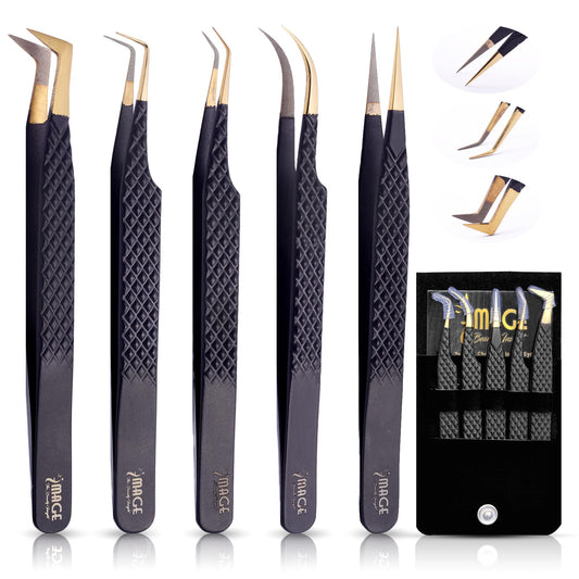 5 Pcs Fiber-Tip Japanese Steel Lash Tweezer Set with Leather Case, Professional Eyelash Tweezers for Lash Extensions – Titanium Coated, 90 & 45 Angled, Precision Pointed Tweezers (MATT BLACK)