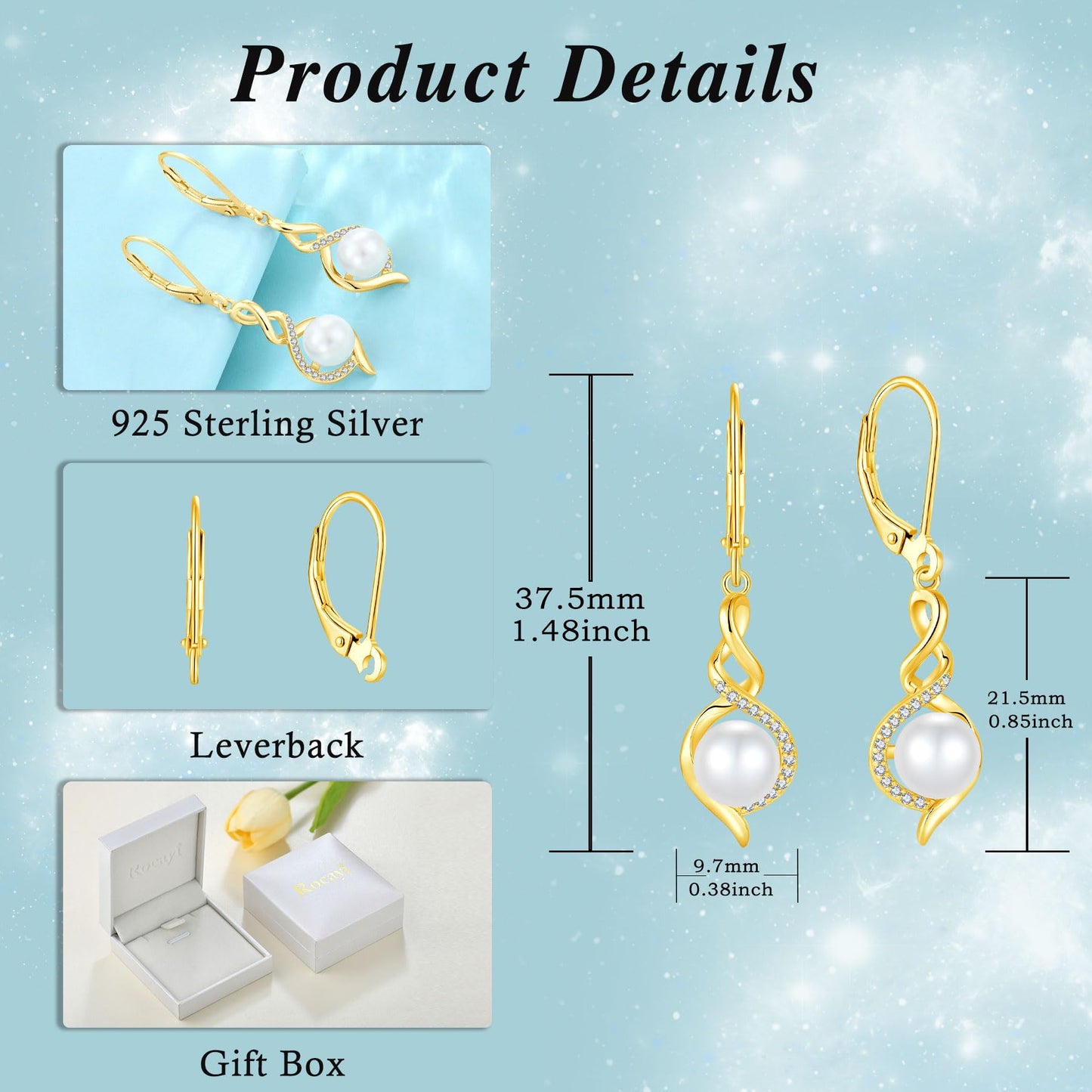 Rocayi Pearl 18K Yellow Gold Plated Infinity Earrings and Necklace Jewelry Set for Women