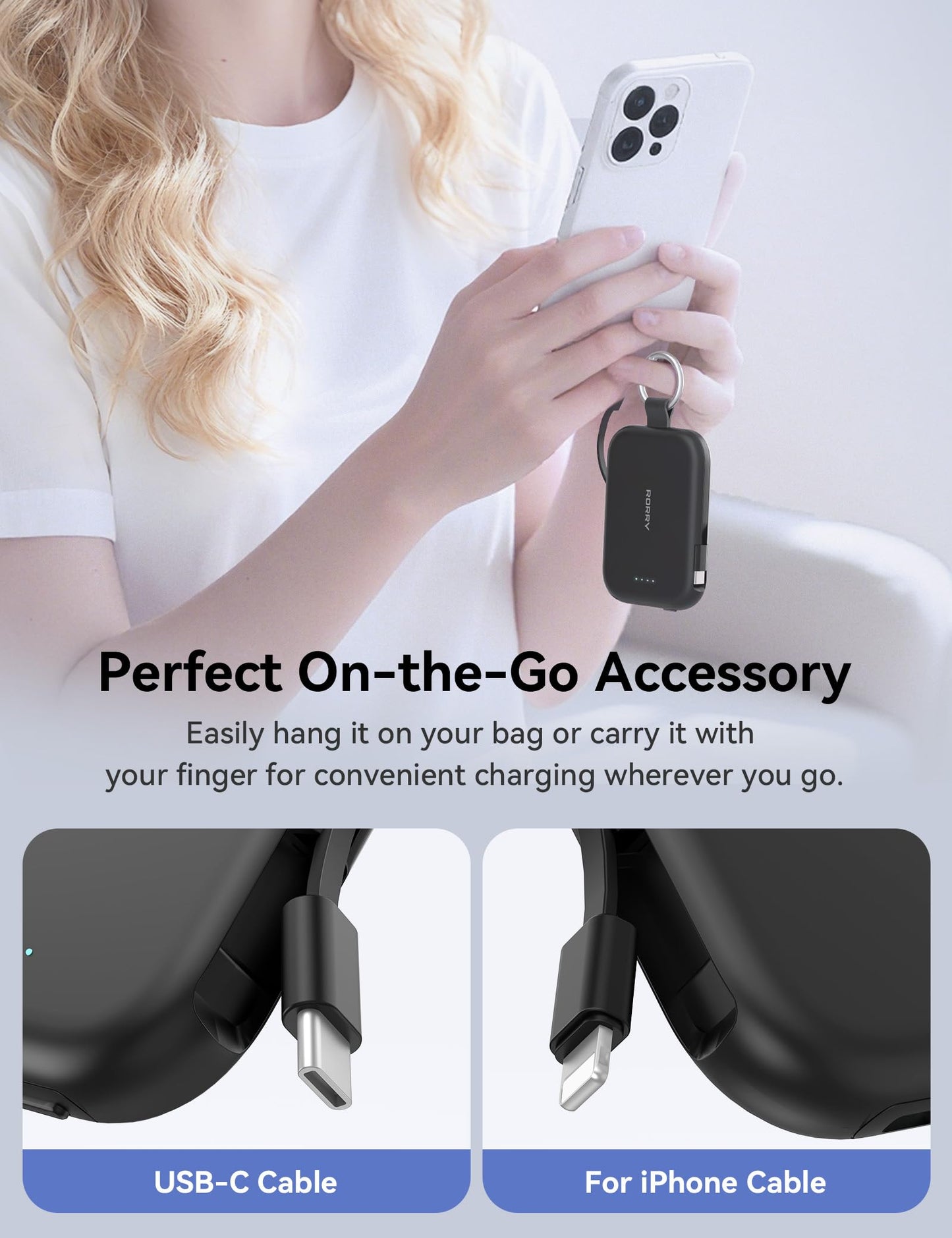 RORRY Portable Charger, 5000mAh Portable Charger Power Bank with Built-in Cables, Travel Keychain Charger Battery Pack for iPhone 17/16/15/14/13/12, for AirPods 2/3/4/Pro, Black