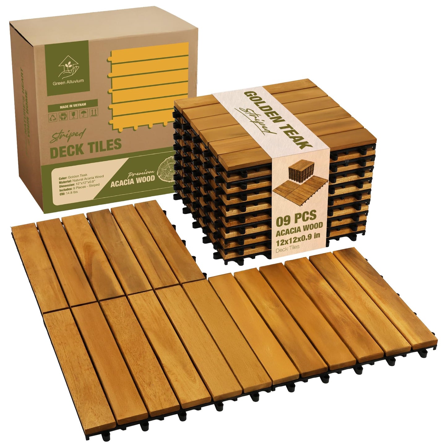 GREEN ALLUVIUM Premium Acacia Wood Interlocking Deck Tiles, 9 PCS 12"x12"x0.9" Floor Tiles, Waterproof Wood Flooring for Backyard & Outdoor Patio Decor, All Weather Use (Golden Teak – Striped Pattern)