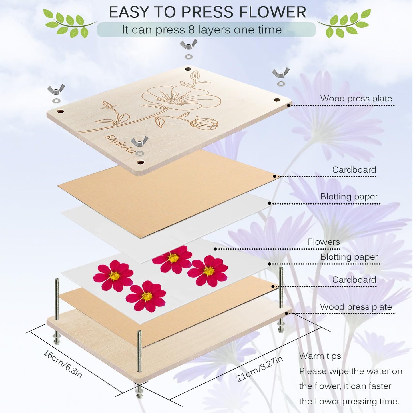 Rhykoka Professional Flower Press, 8 Layers 6.3x8.3 inch (16x21cm) Wooden Flower Press Kit/Flower Pressing for Adults, Great Gift for DIY Flowers Lovers (Wooden)