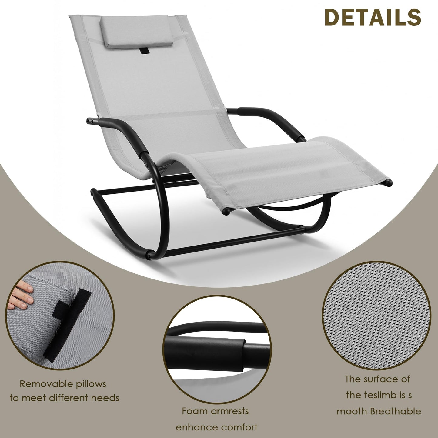 Anmiro Zero Gravity Rocking Chair Lightweight Lounge Chair Recliner with Detachable Pillow for Patio, Lawn, Pool, Outdoor Home Furniture, Grey