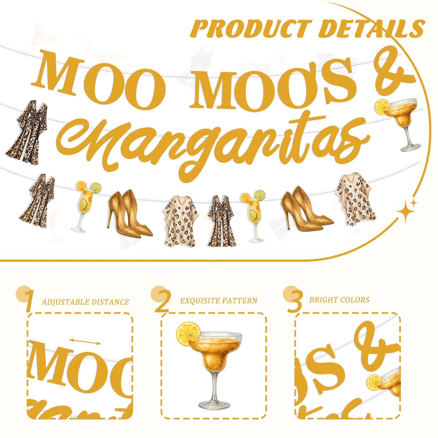 Moo Moos and Margaritas Decorations Gold Moo Moos & Margaritas Foil Balloon Banner Margarita Theme Cake and Cupcake Toppers Kit for Bachelorette Party Ladies Night Bridal Shower Birthday