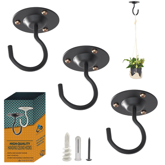 NACETURE Ceiling Hooks for Hanging Plants 3 Pack - Plant Hanger Indoor Hanging Hooks Metal Plant Bracket Iron Lanterns Hangers for Wind Chimes (Black 3 Pack)