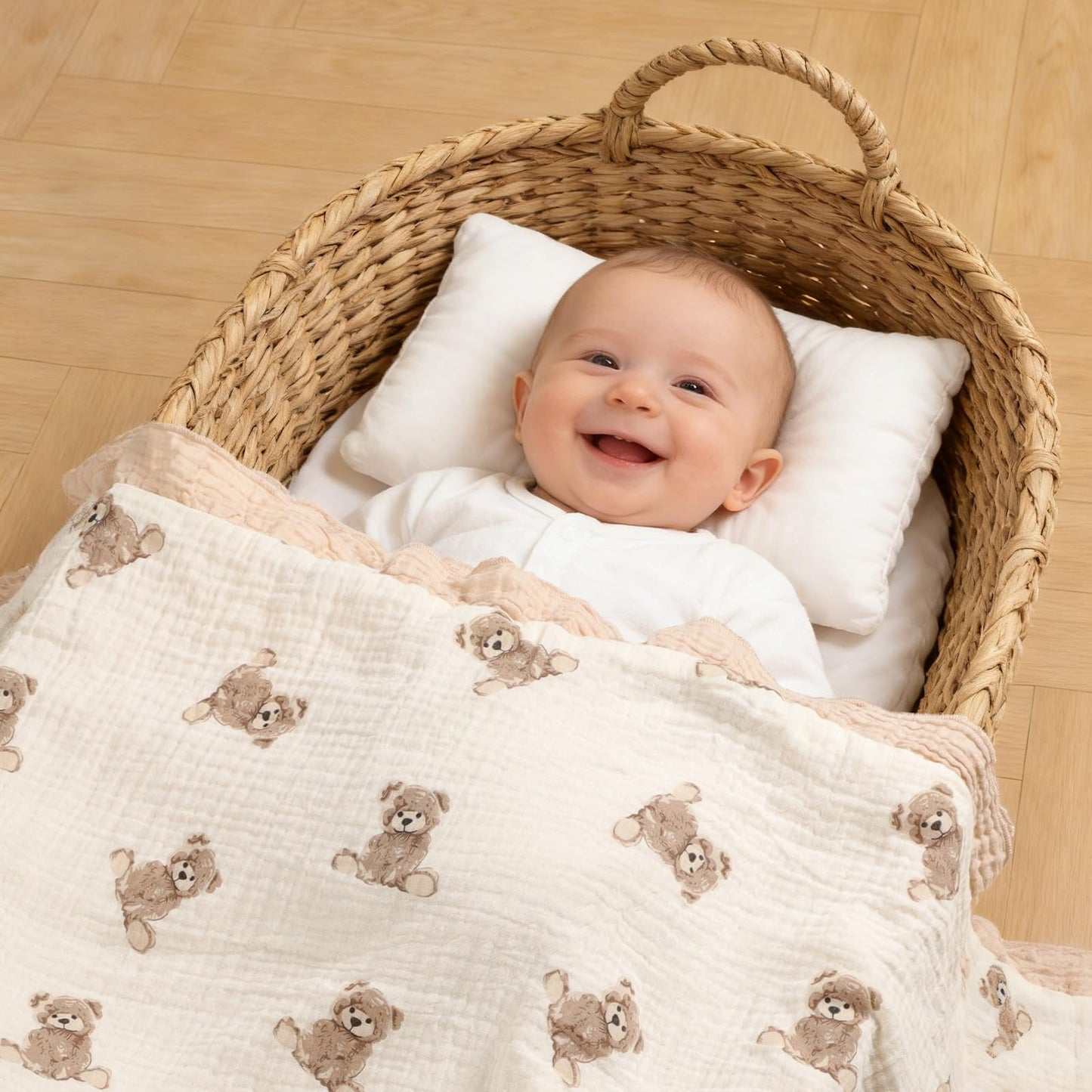 100% Organic Cotton Muslin Baby Blanket Flounce Edge Large 50"x43" Teddy Bear, Soft Breathable Toddler Quilt Crib Blankets Gender Neutral for Baby Boys and Girls Bassinet, Bed, Stroller & Snuggling