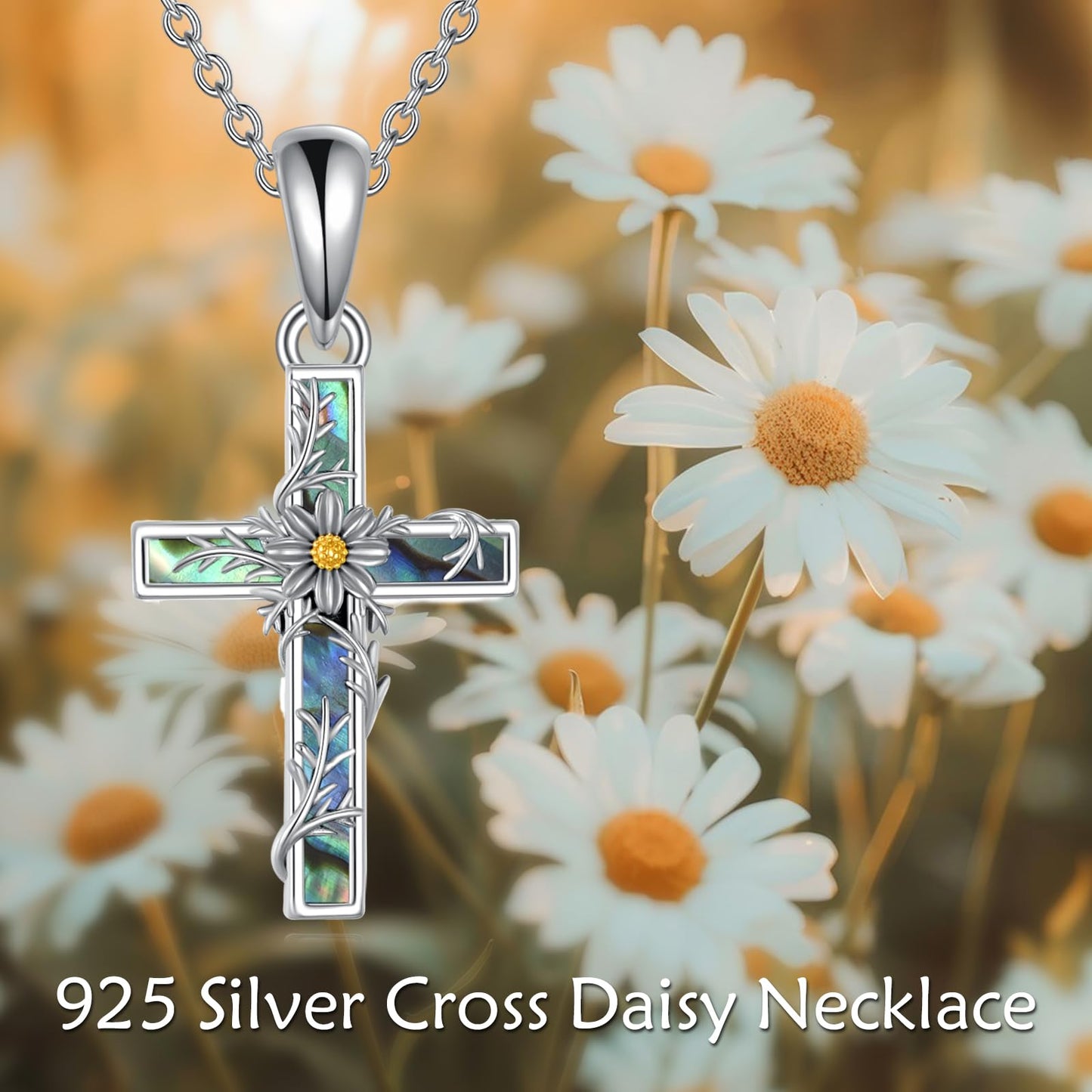 YFN Cosmos Cross Necklace Sterling Silver Flower Cross Pendant Abalone Shell Jewelry Religious Christian Baptism Gifts for Her Women