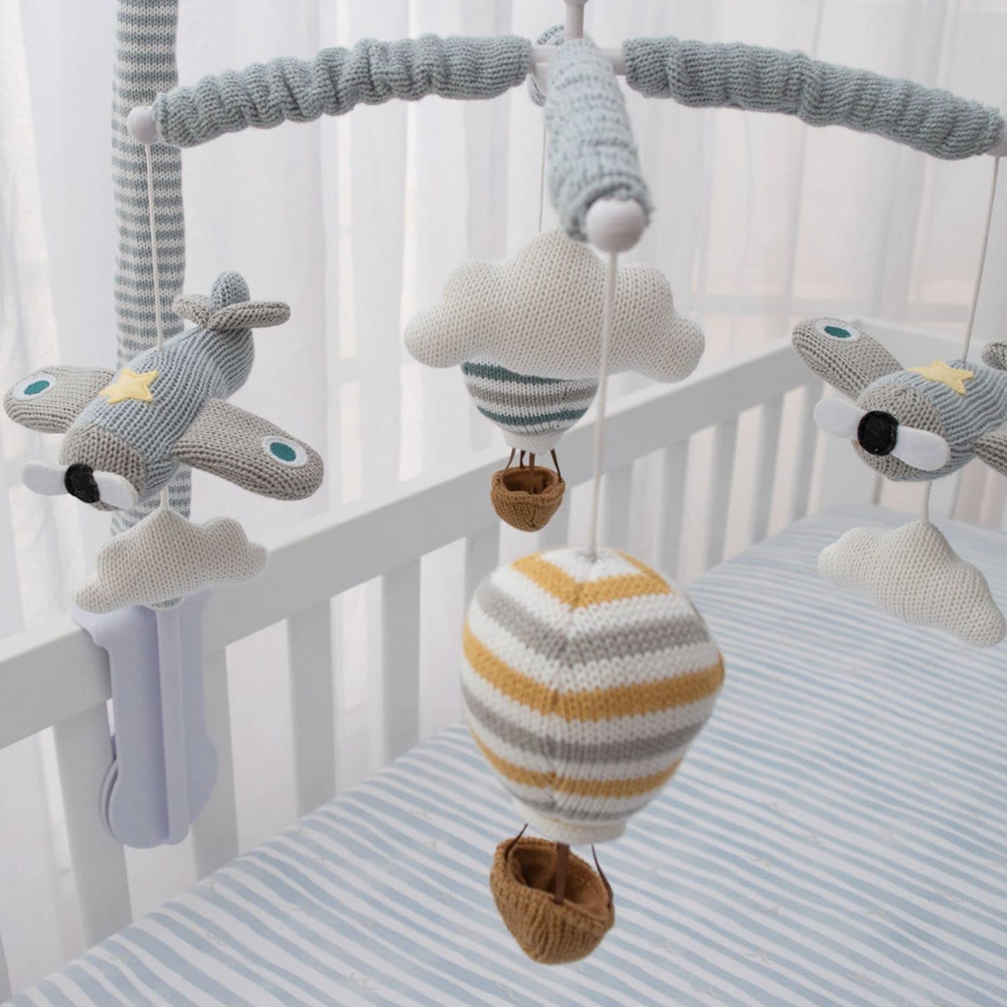 Baby Crib Mobile for Boys - Up Up and Away - Premiun Musical Nursery Decor, Sky Hot Air Balloon, Clouds & Planes, Calming Music Soother with 12 Lullabies - Essential & Perfect Gift by Living Textiles