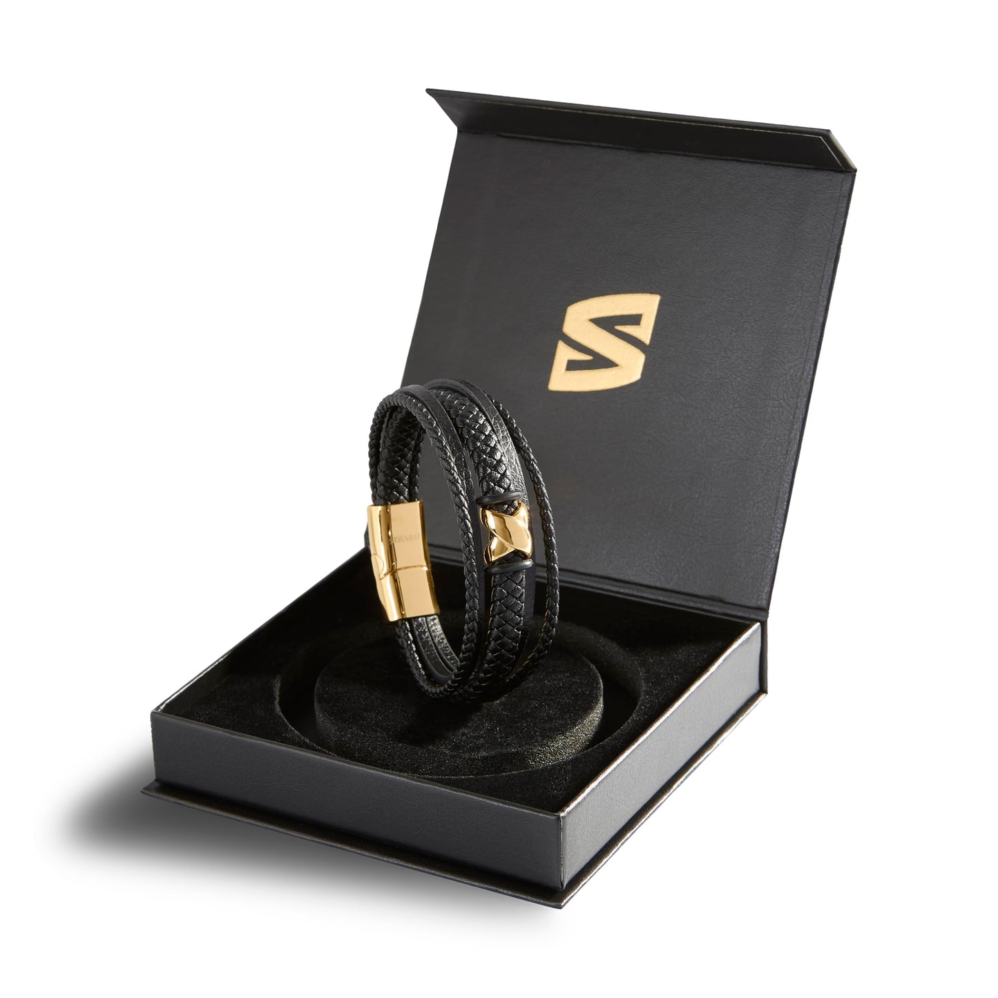 SERASAR Pulsera de oro para hombre 17cm con caja regalo hombre, trenzas piel vaca, cierre magnetico ajustable, joyero multicapa, joyeria cuerda magnetica masculina